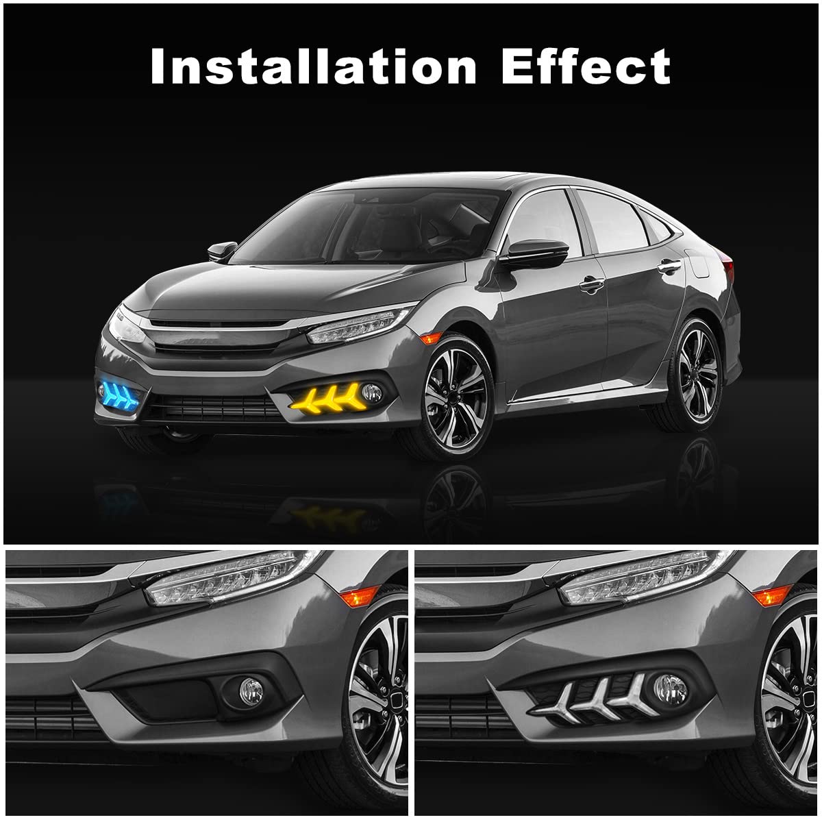 2016-2018 Honda Civic 10th Gen Sedan LED Daytime Running Lights with Amber Turn Signal - 3 Color DRL Fog Lights (Fish Bone Style) | Upgrade Your Ride for Enhanced Visibility & Style | Perfect for Night Driving & Custom Car Mods