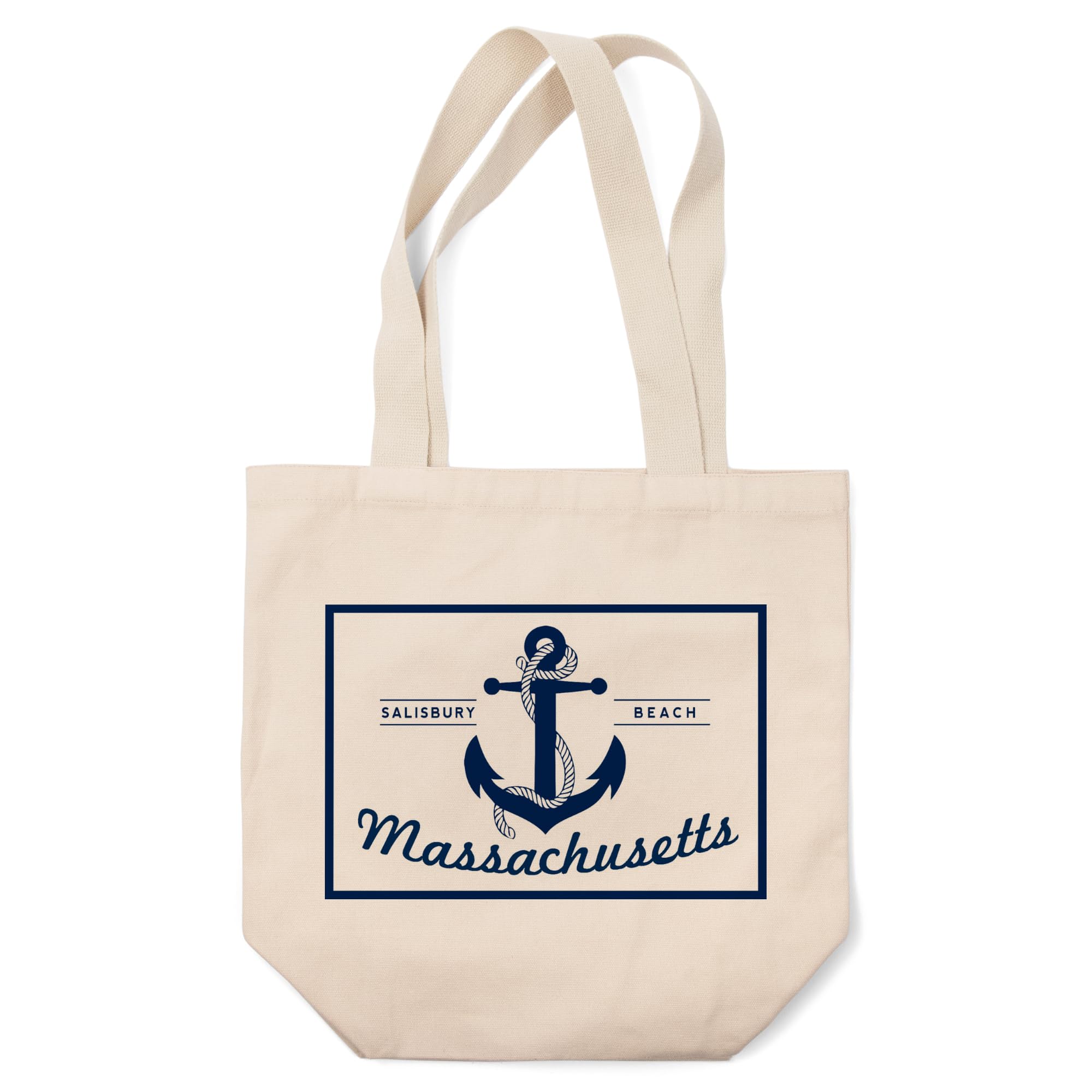 Lantern Press Salisbury Beach Massachusetts Blue and White Anchor Tote Bag - 100% Cotton Canvas Reusable Shopping Bag for Beach, Grocery & Everyday Use