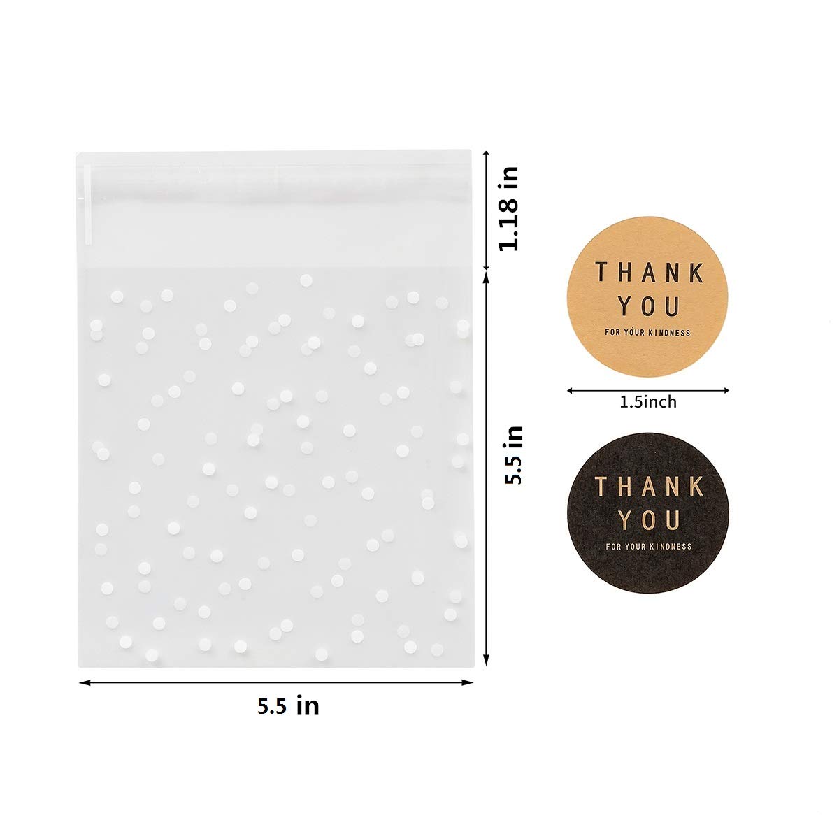 400PCS White Polka Dot Treat Bags with Self-Adhesive Closure - 200 Cellophane Candy Bags + 200 Thank You Stickers for Bakery, Cookies, Chocolates & Party Favors (5.5x5.5 Inches) - Perfect for Birthday Parties, Baby Showers & Wedding Favors
