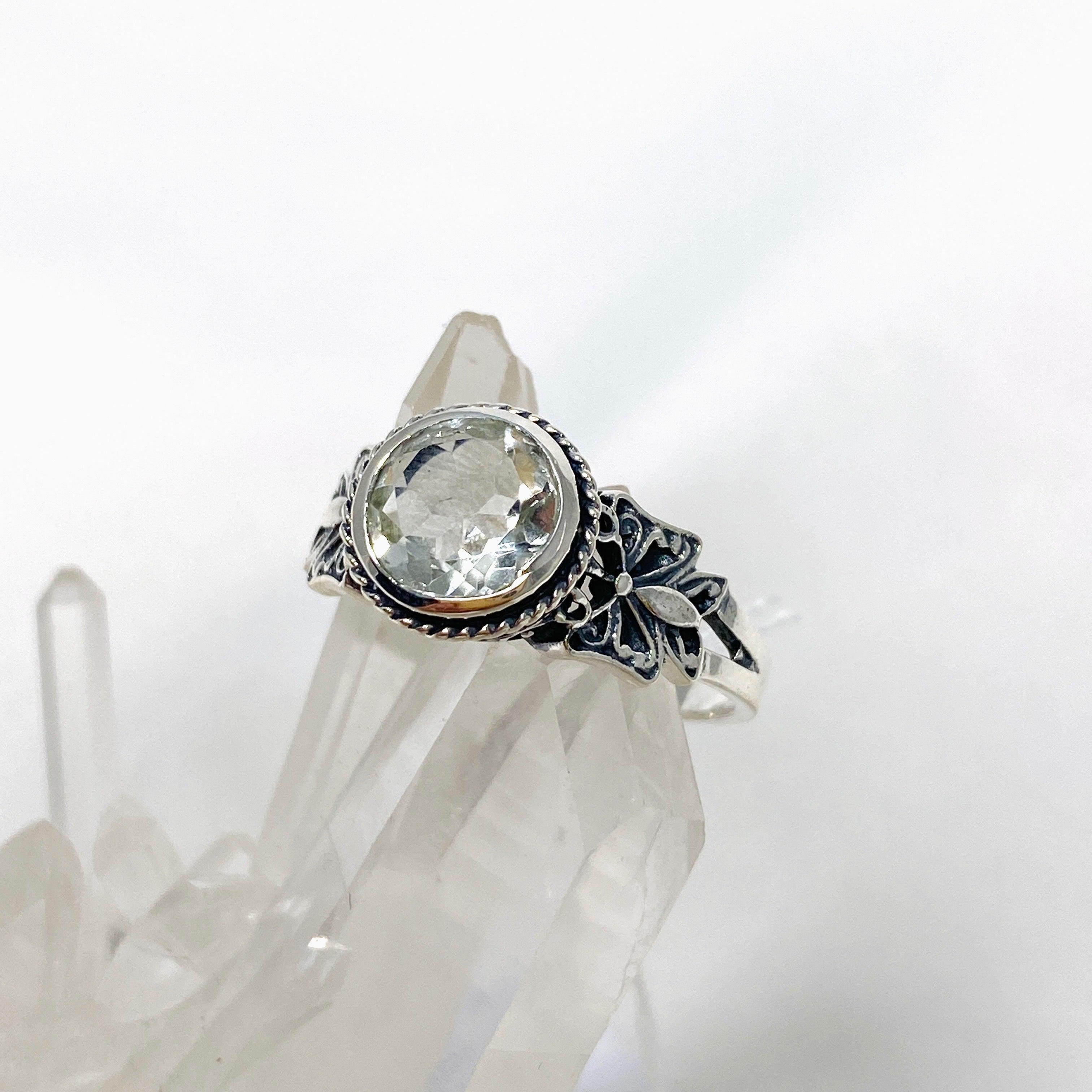 Prasiolite Faceted Round Ring in Decorative Setting R3671 - Elegant Green Gemstone Jewelry for Women, Perfect for Weddings, Parties & Special Occasions