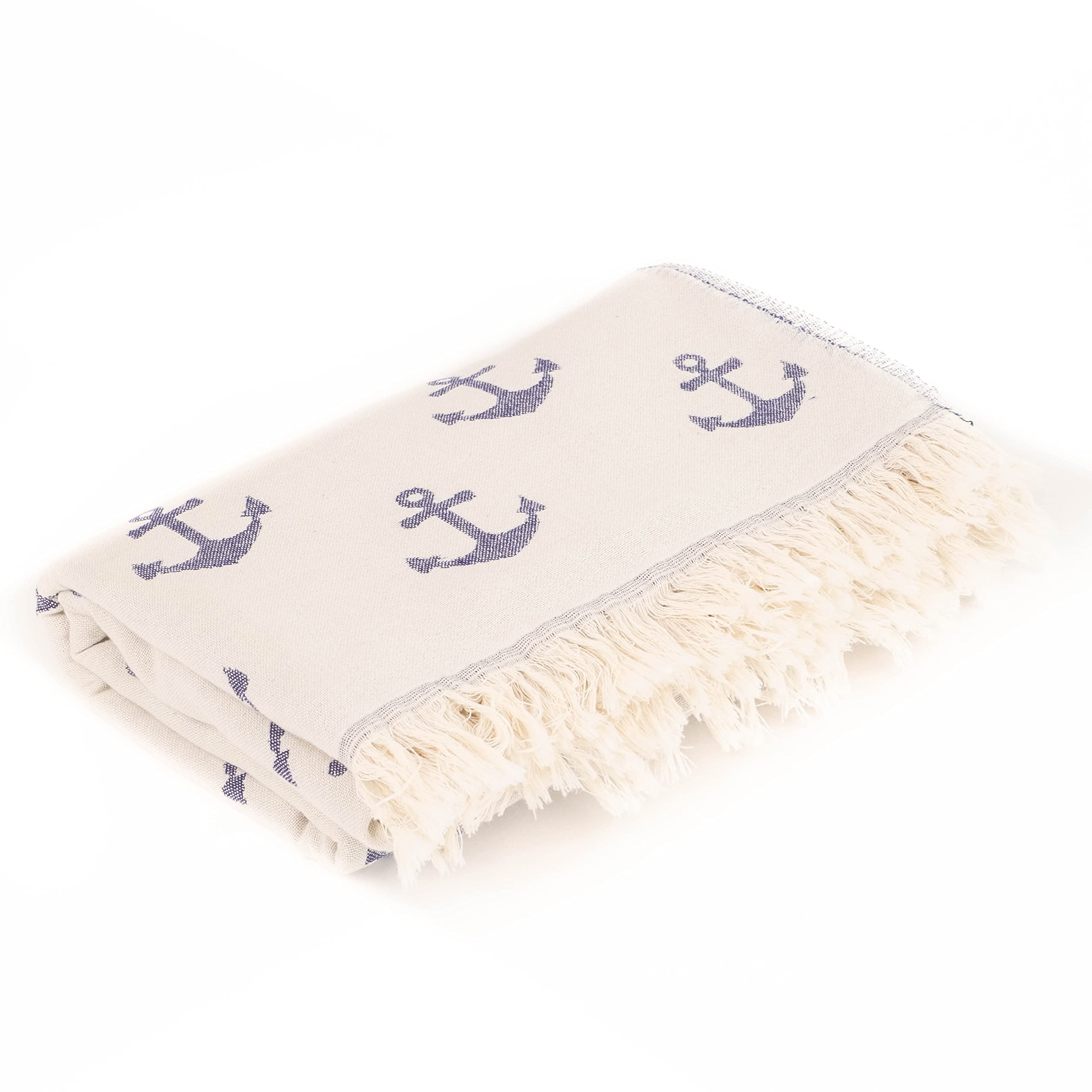 Double Sided Anchor Sand Free Beach Towel - Premium Organic Turkish Cotton Sarong & Peshtemal for Beach, Pool, Bath & Travel - Soft Quick Dry Blanket in White & Blue