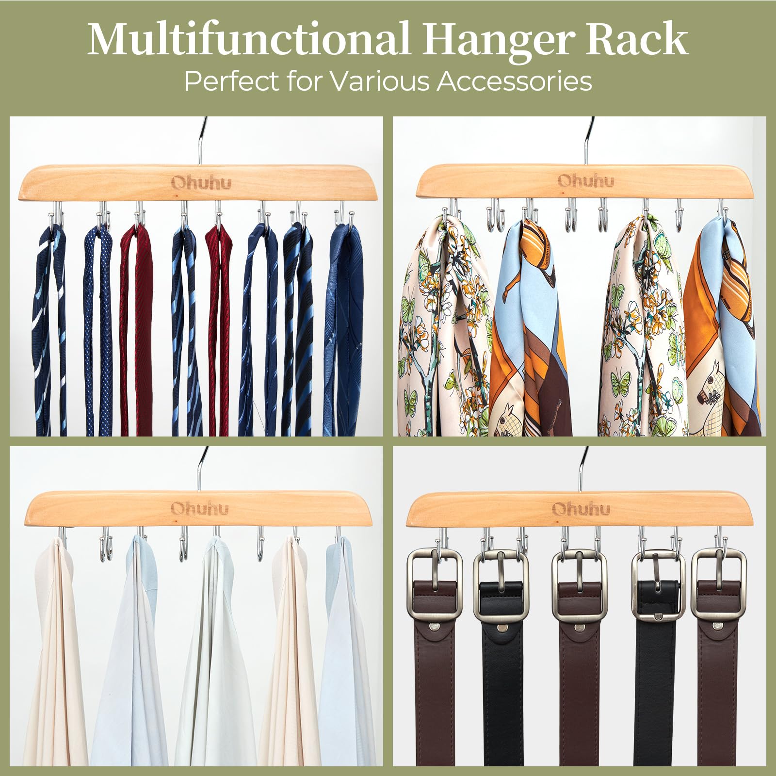 Ohuhu 360 Degree Rotating Wooden Belt Hanger Organizer - 16 Hooks Holds Up to 48 Belts, Ties & Scarfs | Space Saving Closet Storage Solution for Men & Women | Perfect for Bedroom, Walk-in Closet & Dorm Organization (Burlywood)