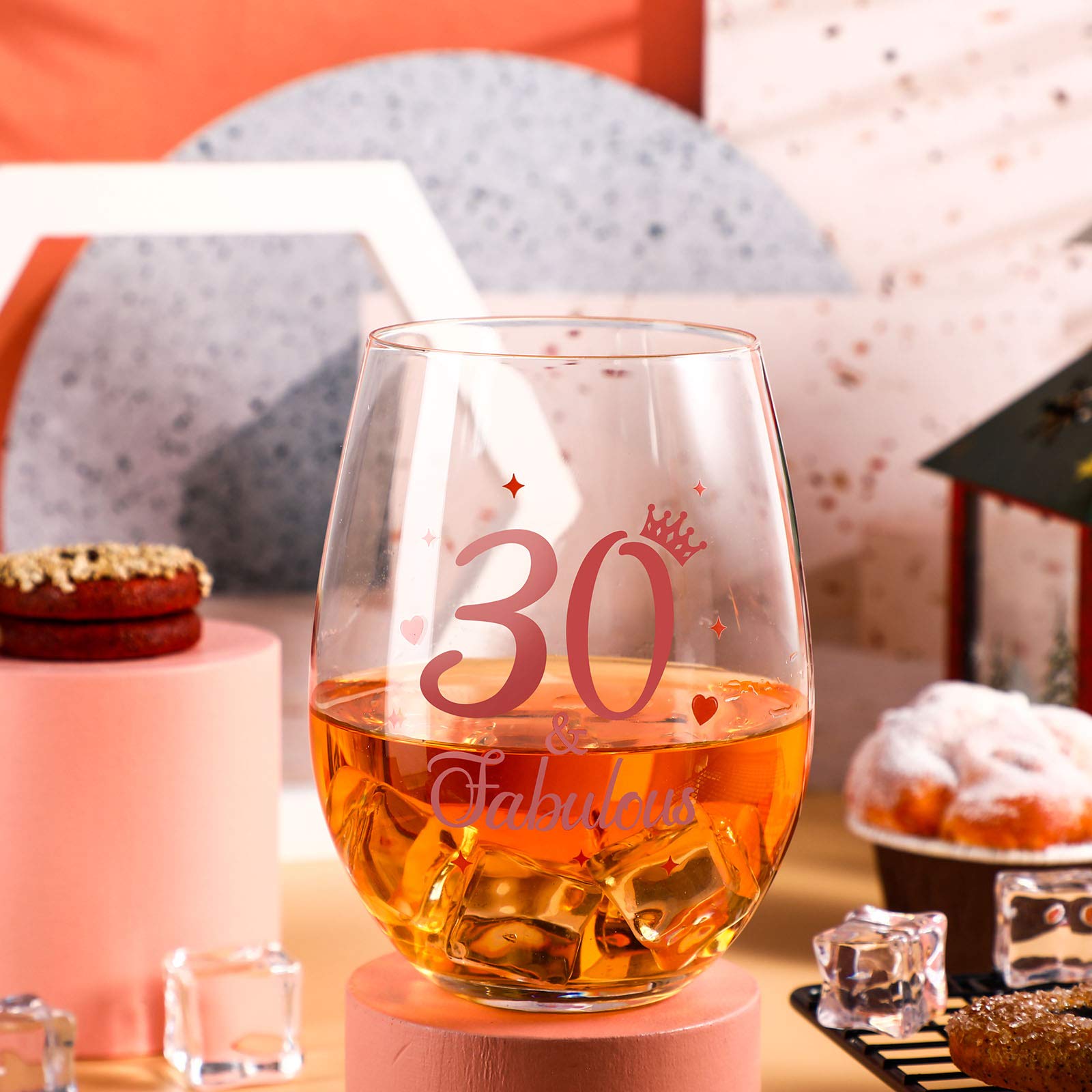 Rose Gold Stemless Wine Glass Set - 17 oz Elegant Tumblers for Men & Women, Perfect for Birthday Party, Wedding Anniversary, Bridal Shower & Home Decor - Ideal Gift for Her & Him (30 and Fabulous Design)