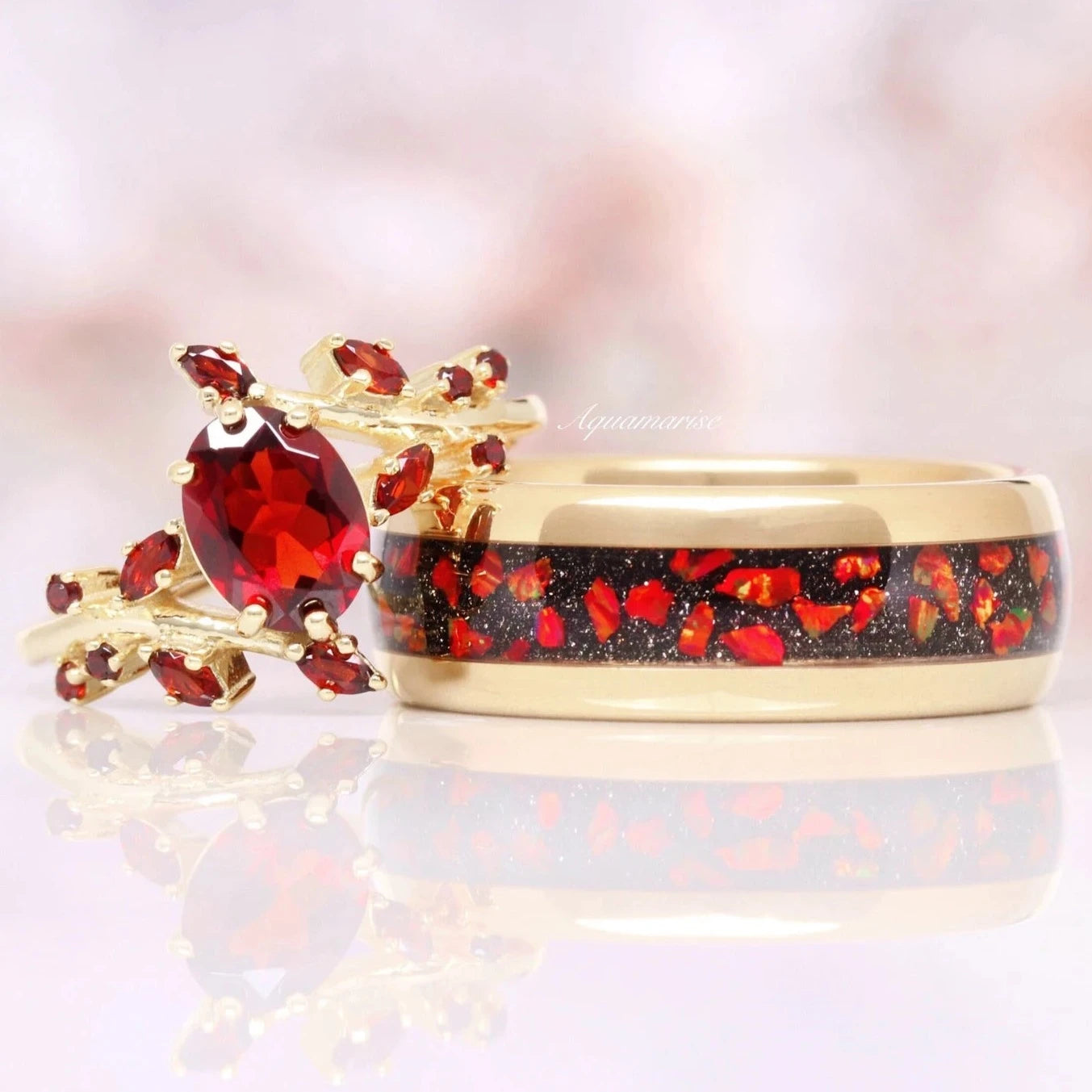 Natural Garnet & Red Fire Opal Leaf Couples Ring - Sterling Silver Matching Wedding Band Set for Him & Her - Romantic Gift for Anniversary, Engagement, Valentine's Day