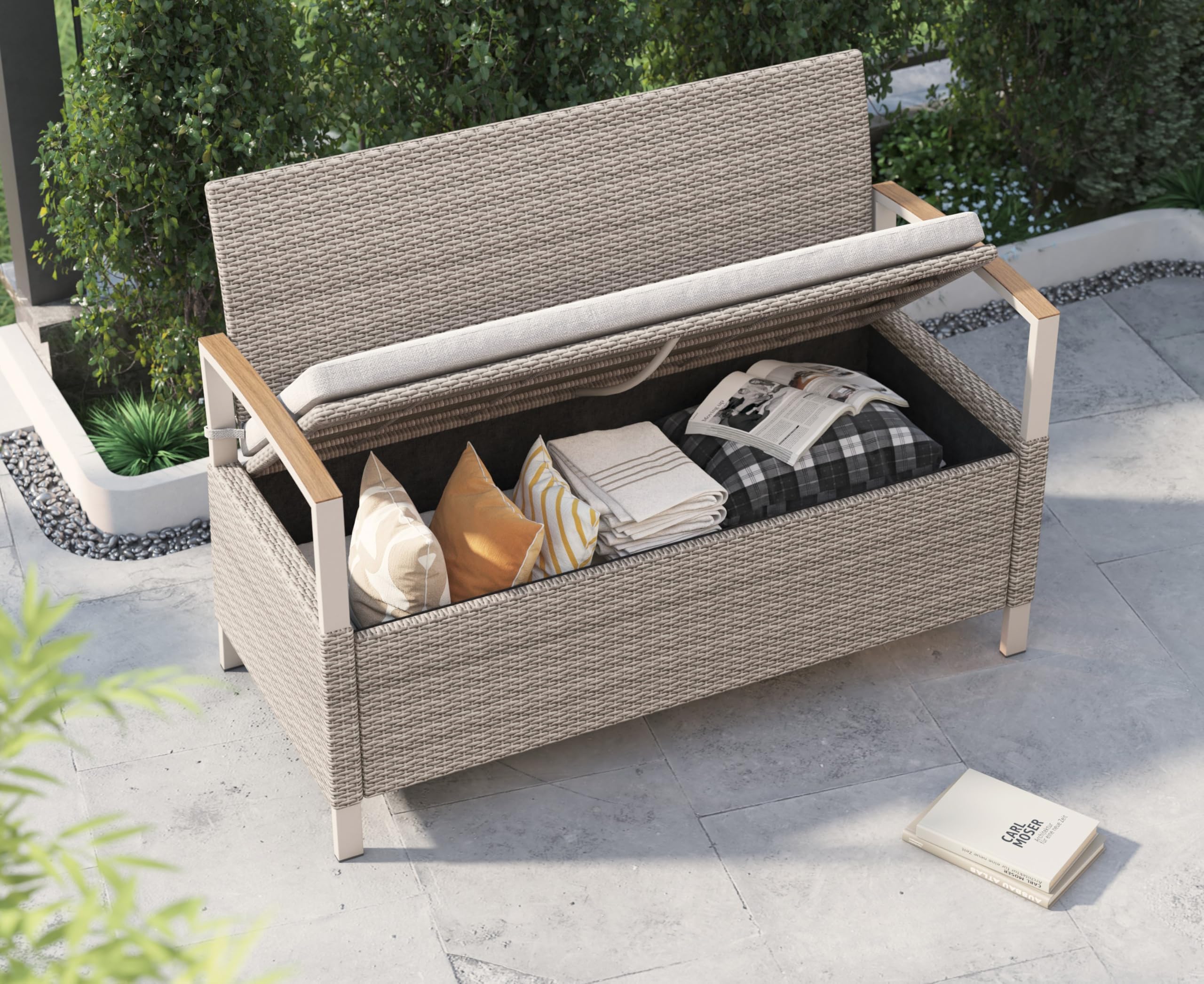 Outdoor Storage Bench Deck Box with Olefin Cushion - Waterproof Wicker Deck Box with Storage Bag - Patio Furniture for Front Porch, Garden Tool & Pool Accessories Organizer (Warm Gray) - Perfect for Outdoor Seating, Backyard Storage & Deck Organization