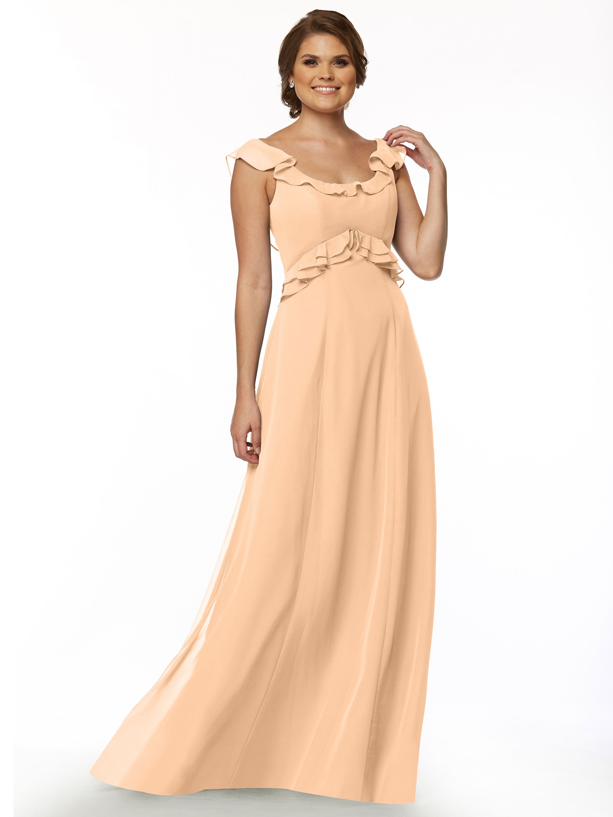 Elegant 80173 Chiffon Off-The-Shoulder A-Line Bridesmaid Dress with Ruffled Bodice - Perfect for Weddings, Formal Events & Special Occasions