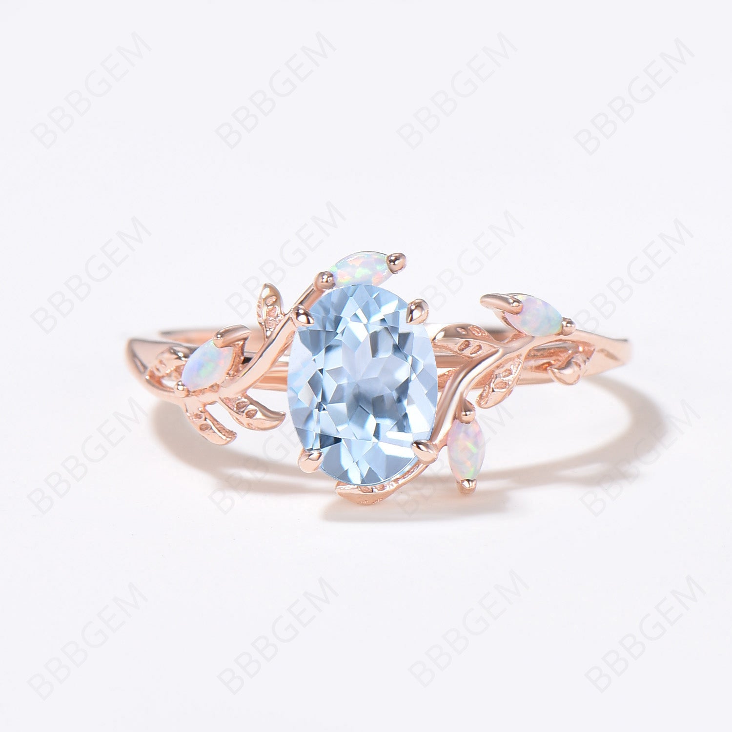 Natural Aquamarine Engagement Ring - Rose Gold Twig Vine Design, March Birthstone Promise Ring with Unique Marquise Opal - Perfect for Weddings, Anniversaries & Romantic Gifts