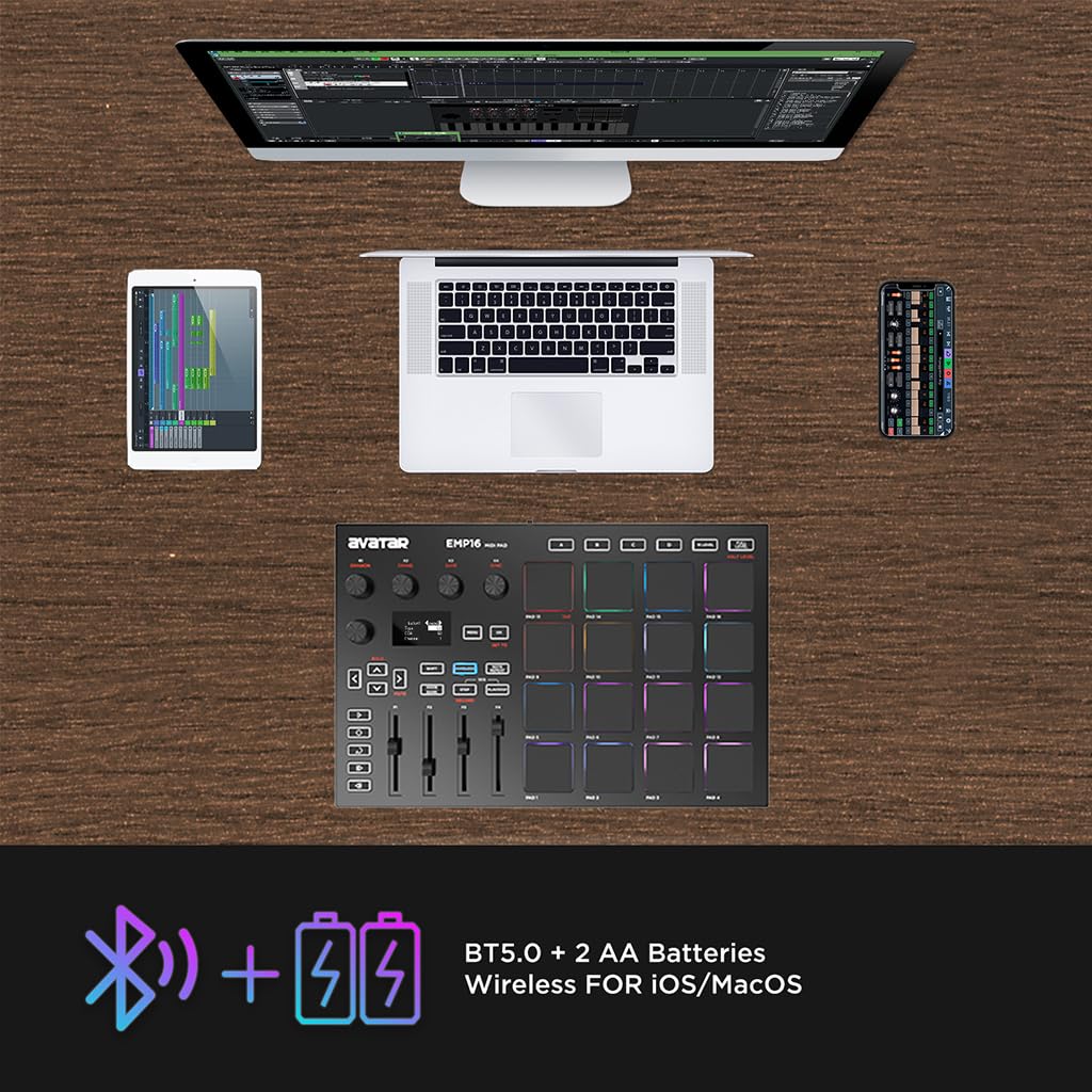 EMP16 MIDI Pad Controller - Bluetooth Beat Maker Machine with 16 RGB Velocity-Sensitive Pads, 16 Levels, Full/Half Level Modes, OLED Display & MIDI In/Out - Perfect for Music Production, Live Performance & DJing
