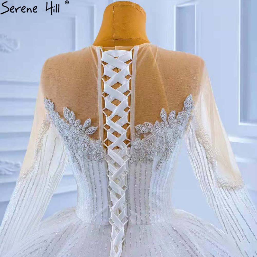 Luxury Muslim Wedding Dresses 2025 - White Beaded Lace-Up Bridal Gowns | Serene Hill Custom Made HM67388 | Perfect for Islamic Ceremonies, Formal Weddings & Special Occasions
