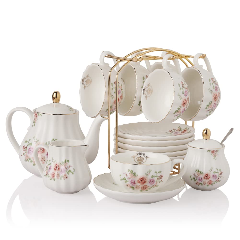 Royal British Porcelain Tea Set - 8 OZ Cups & Saucers for 6 with Teapot, Sugar Bowl, Cream Pitcher & Accessories | Elegant Rose Floral Design for High Tea, Weddings, Bridal Showers & Afternoon Tea Parties