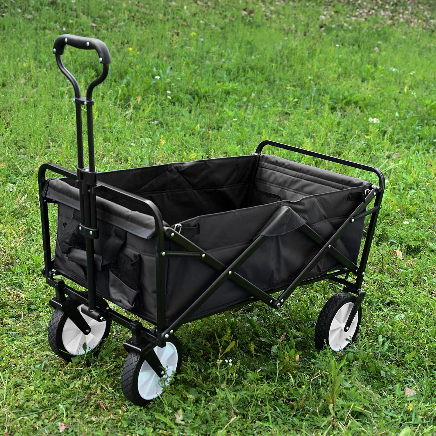 Heavy Duty Collapsible Utility Cart - Folding Wagon with Large Capacity for Shopping, Groceries, Camping & Beach | Portable Outdoor Wagon with 2 Cup Holders & Wheels | Perfect for Garden, Picnics, and Home Use (FW-GT1061-Black)