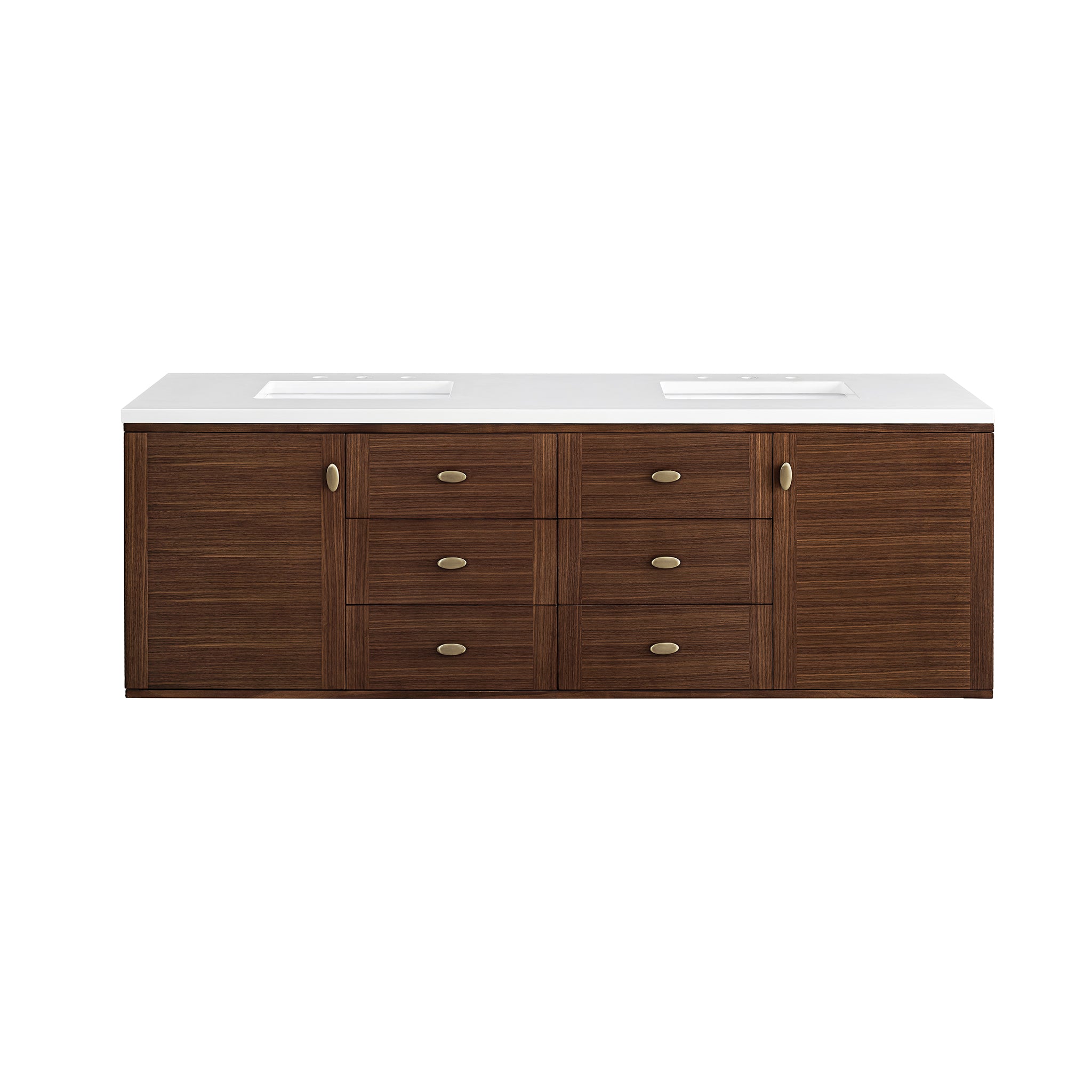 Amberly 72 Inch Double Sink Bathroom Vanity - Mid Century Modern Walnut Finish with 3CM White Zeus Quartz Top - Perfect for Master Bathroom & Guest Bathroom Renovation