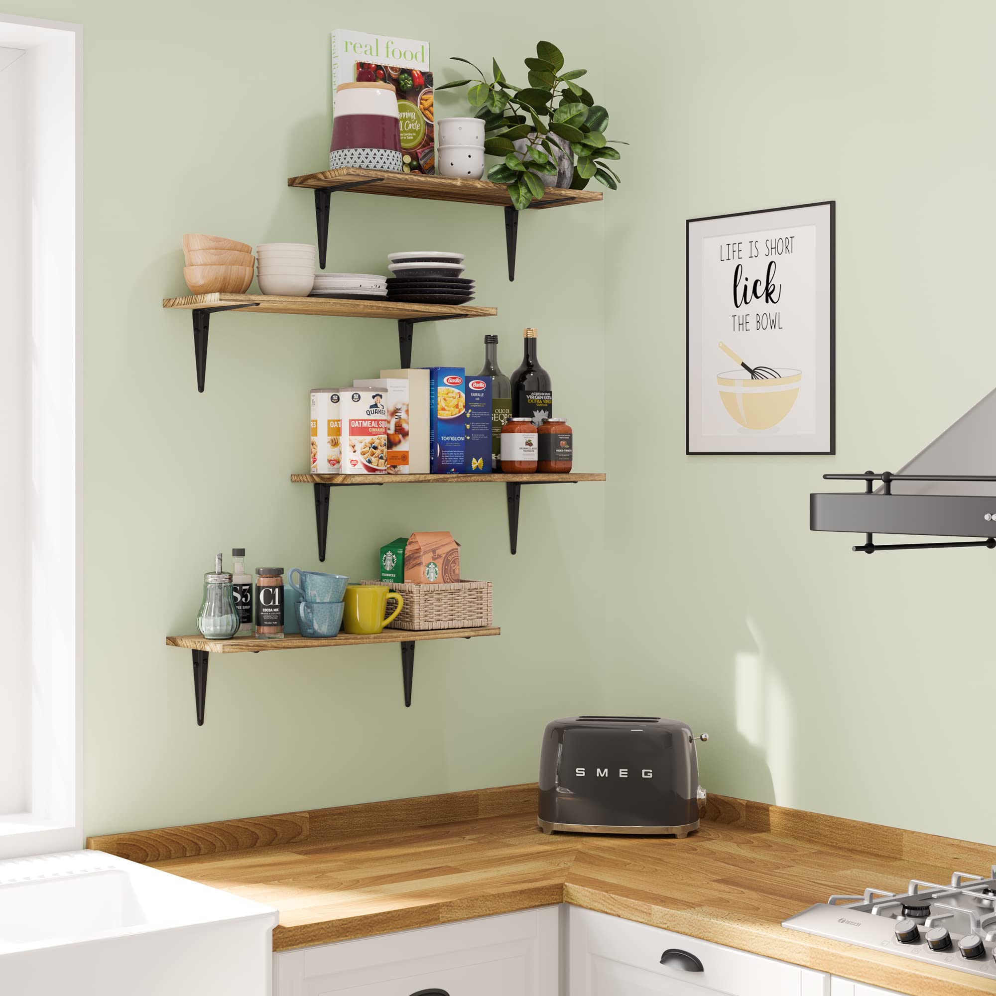 Wallniture Arras 24x8 Inch Floating Shelves Set of 4 - Rustic Burnt Finish Wall Mounted Shelves for Home Decor, Bookshelf for Living Room, Kitchen Storage & Bedroom Organization - Perfect for Displaying Books, Plants & Decorative Items