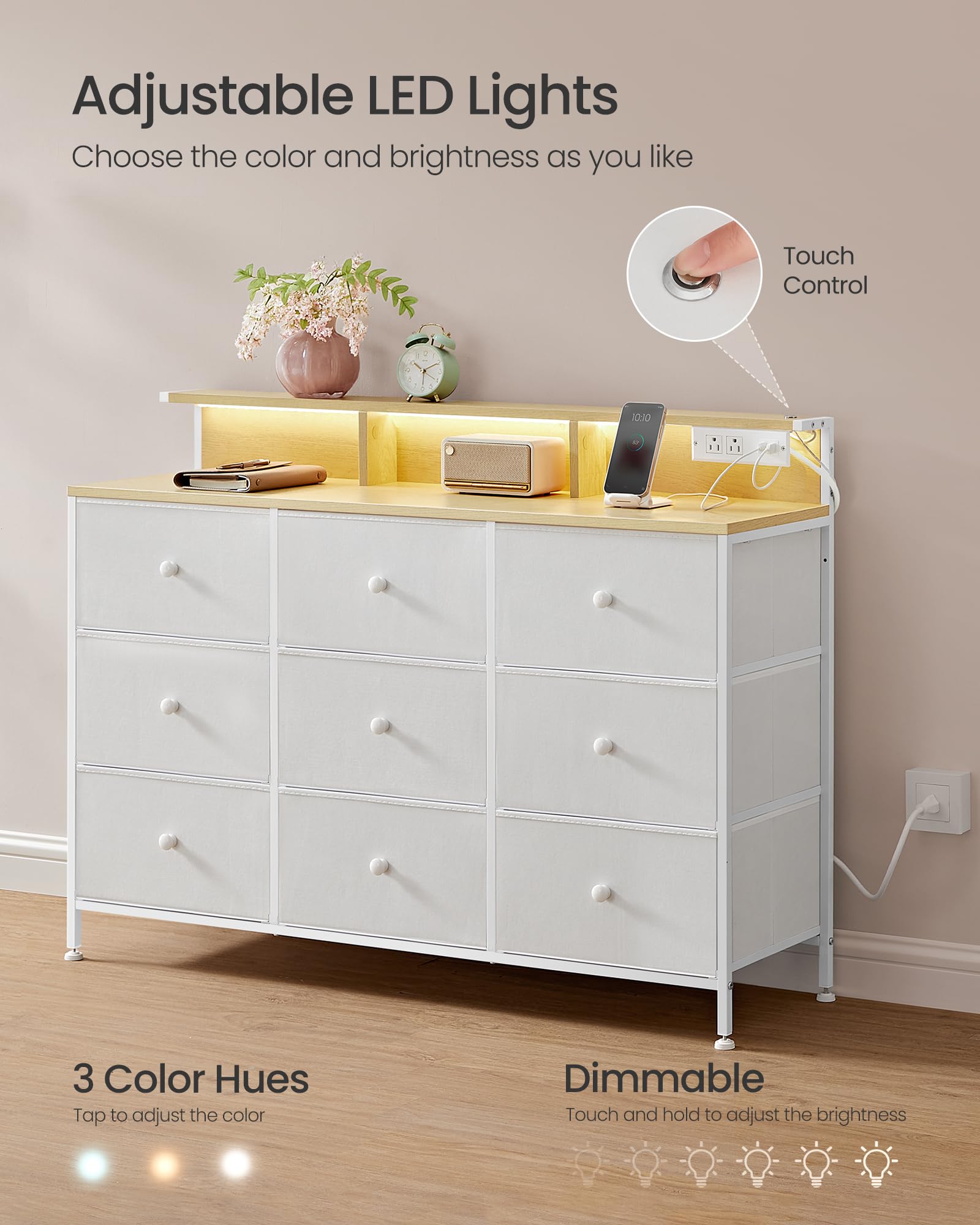 SONGMICS 9-Drawer Fabric Dresser with LED Lights & USB Charging Station - Sturdy Steel Frame Bedroom Storage Organizer, 13.2