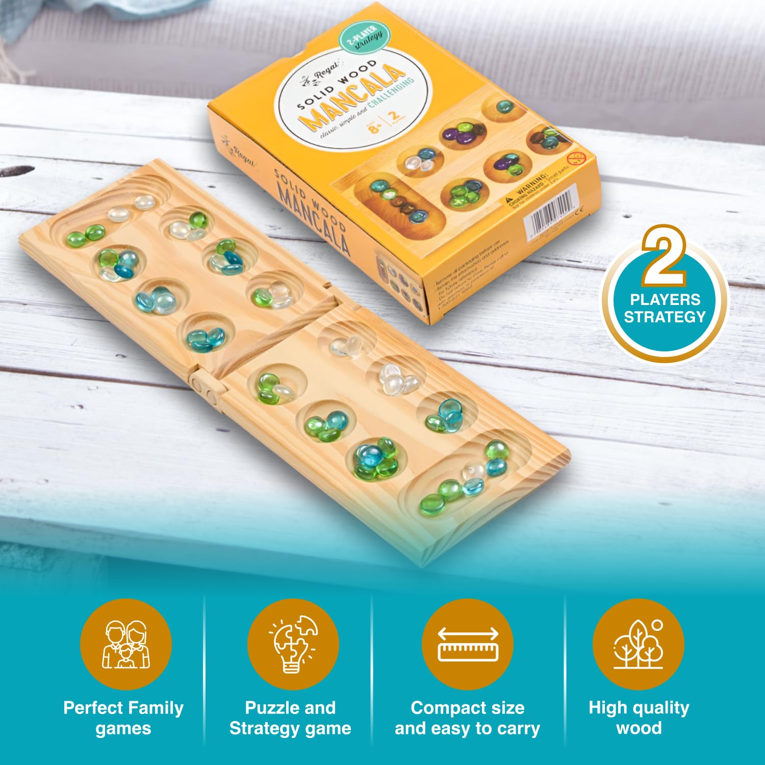 Regal Games Mancala Board Game - Wooden Set with 48 Glass Beads for 2 Players - Perfect for Family Game Night & Travel