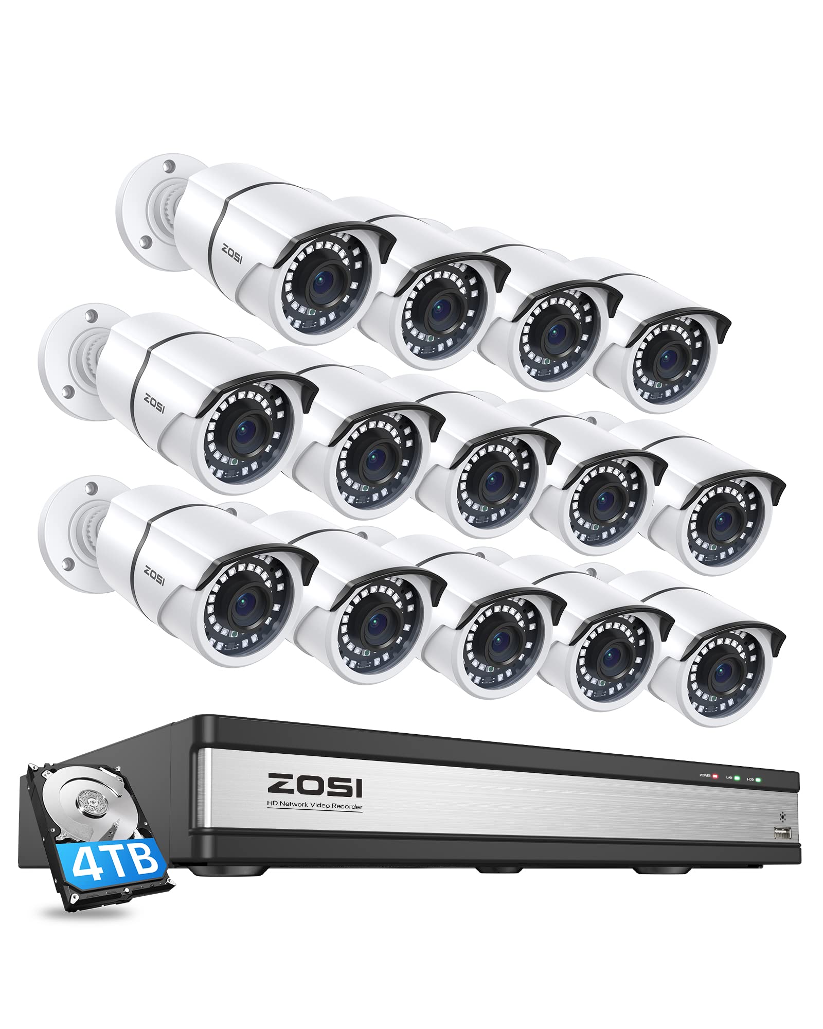 ZOSI 16CH 4K PoE Security Camera System with 4TB HDD, H.265+ 8MP 16 Channel NVR Recorder, 14 x 5MP Indoor/Outdoor PoE IP Cameras, 120ft Night Vision, Remote Access - 24/7 Home & Business Surveillance for Property Protection & Security Monitoring