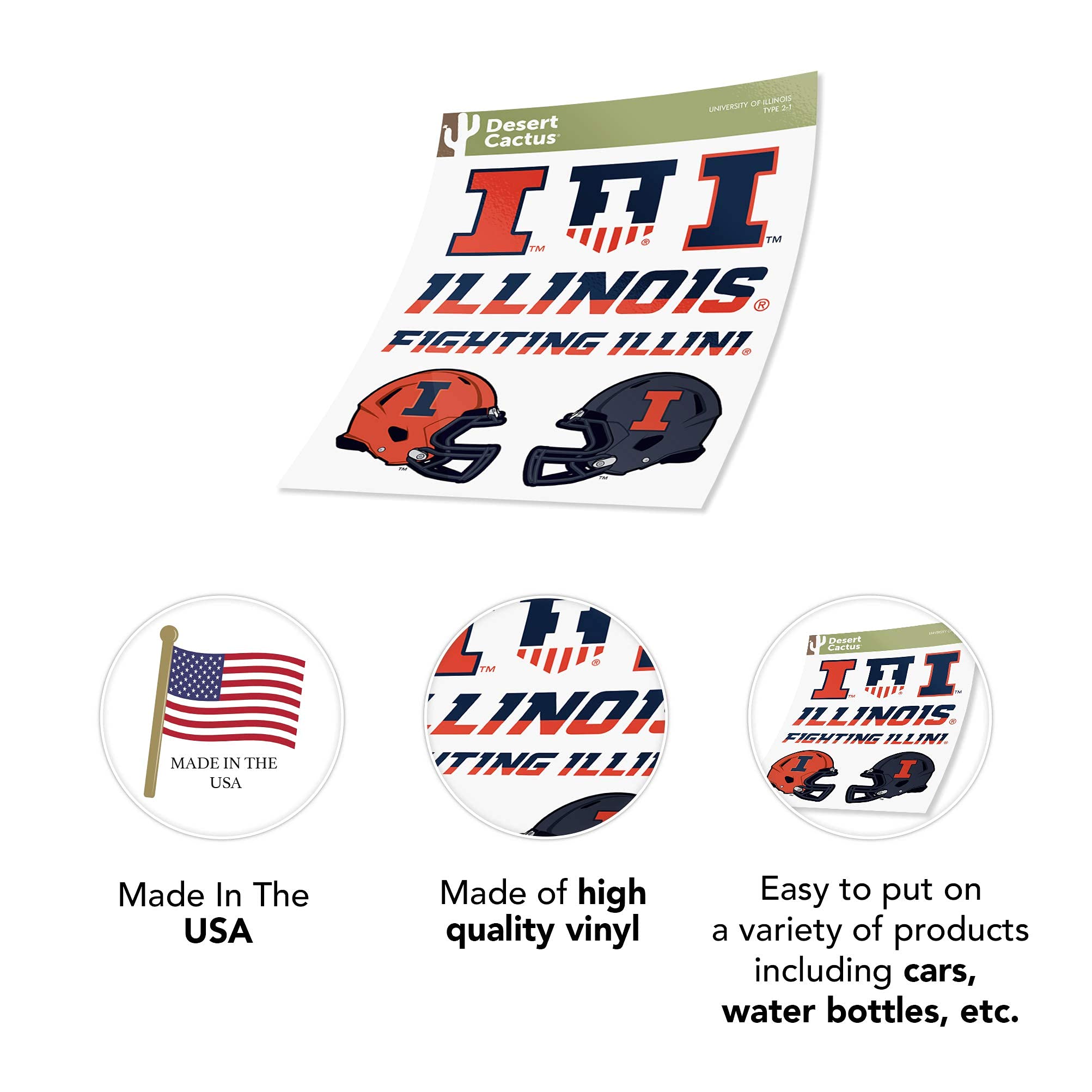 University of Illinois Fighting Illini Vinyl Decals - Desert Cactus Design Stickers for Laptop, Water Bottle, Car & Scrapbooking - Perfect for School Spirit, College Gifts & Fan Accessories