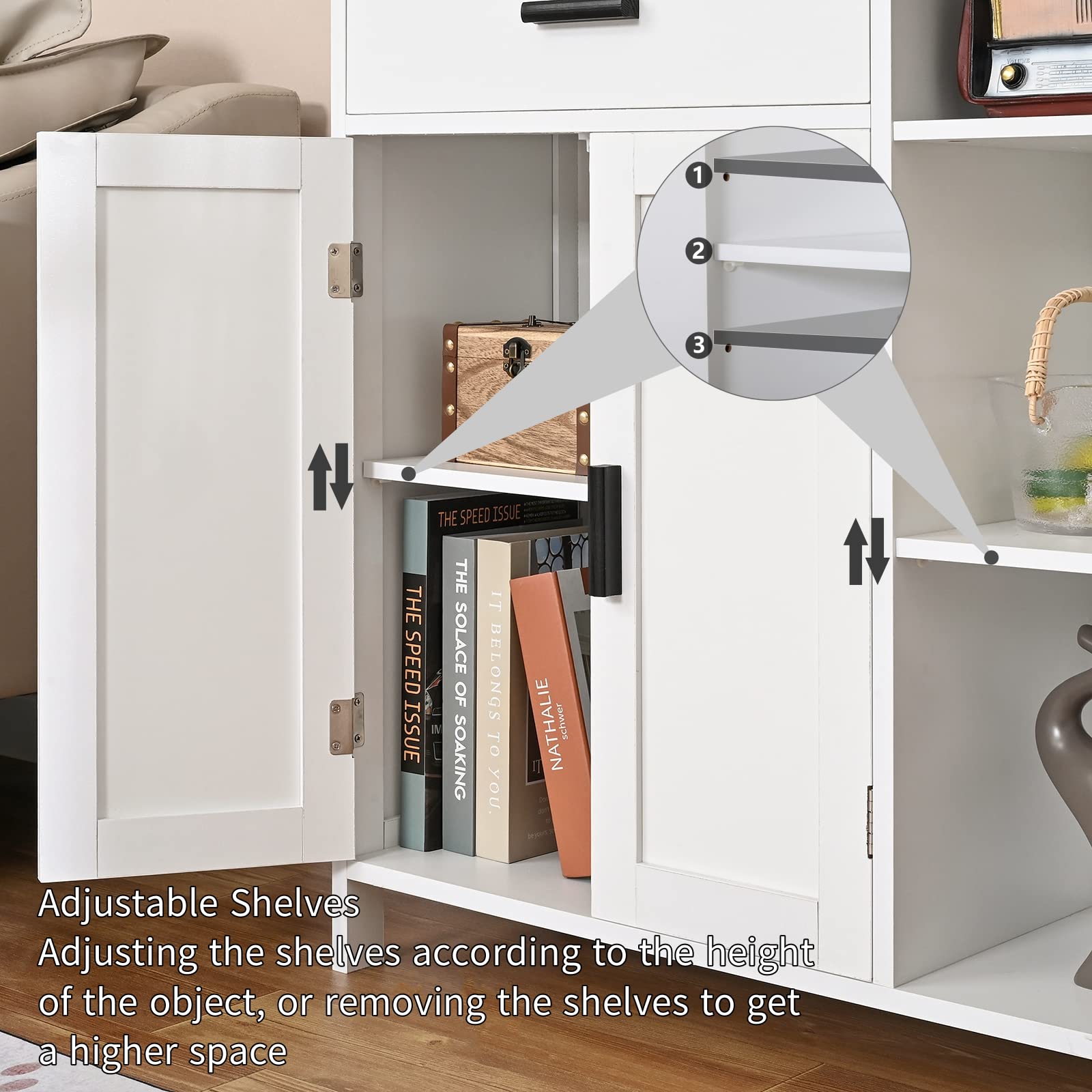 WEENFON Modern Storage Cabinet with Doors, Shelves & Drawer - White Bathroom Organizer, Kitchen Coffee Bar Cabinet, Living Room Floor Cabinet for Home Organization