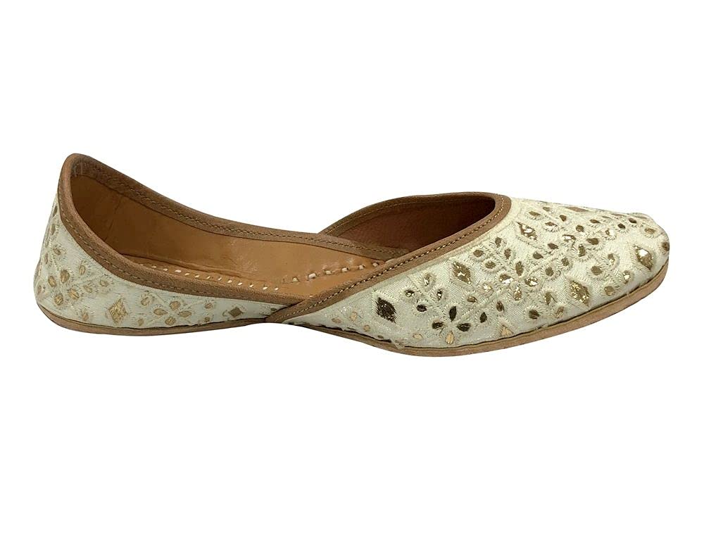 Handmade Indian Ethnic Beaded Jutti Flats for Women - Cream Bohemian Traditional Punjabi Sandals | Perfect for Weddings, Festivals & Cultural Events