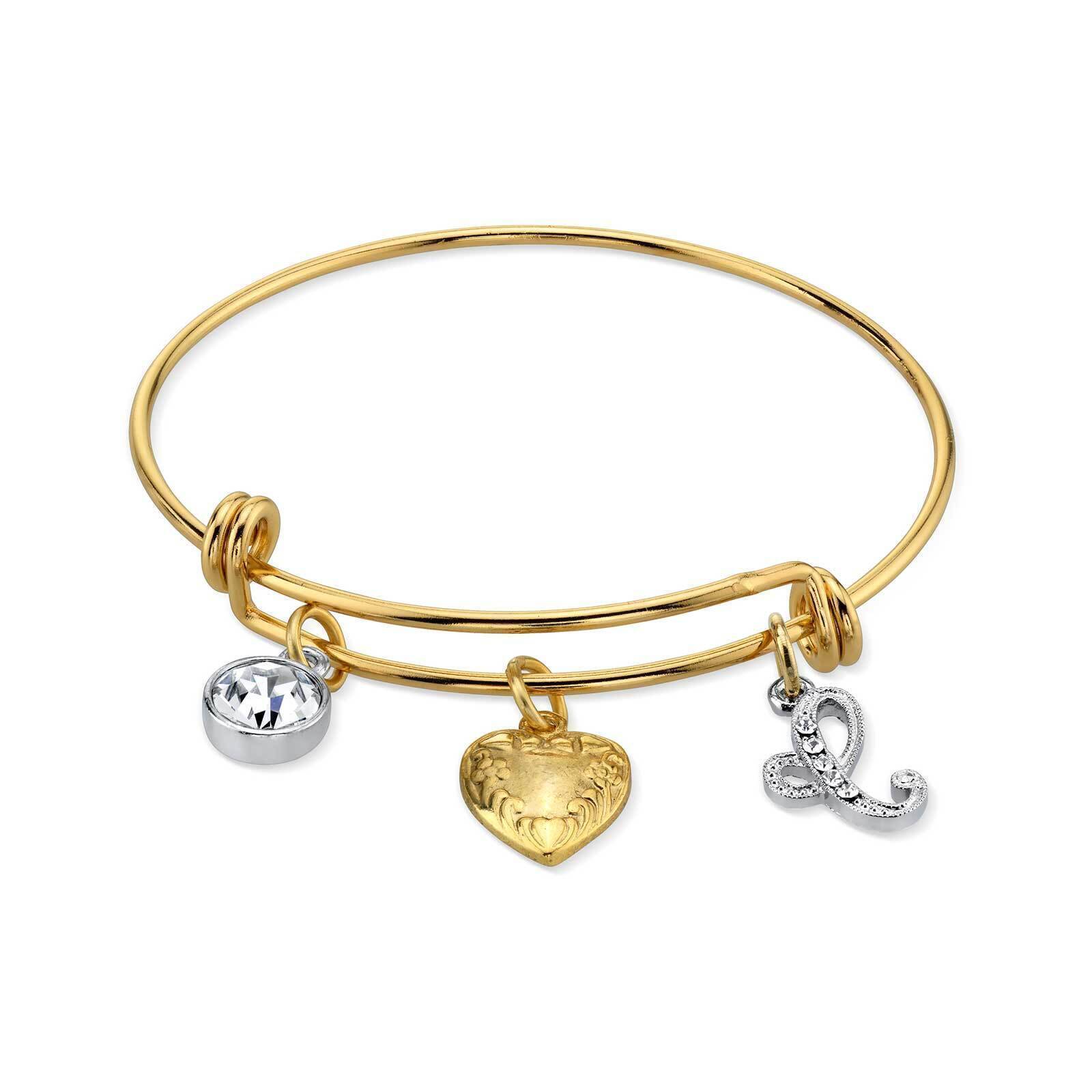 1928 Gold Heart Initial Crystal Charm Bangle Bracelet for Women - Personalized Name Jewelry Gift for Her - Perfect for Valentine's Day, Anniversary & Special Occasions