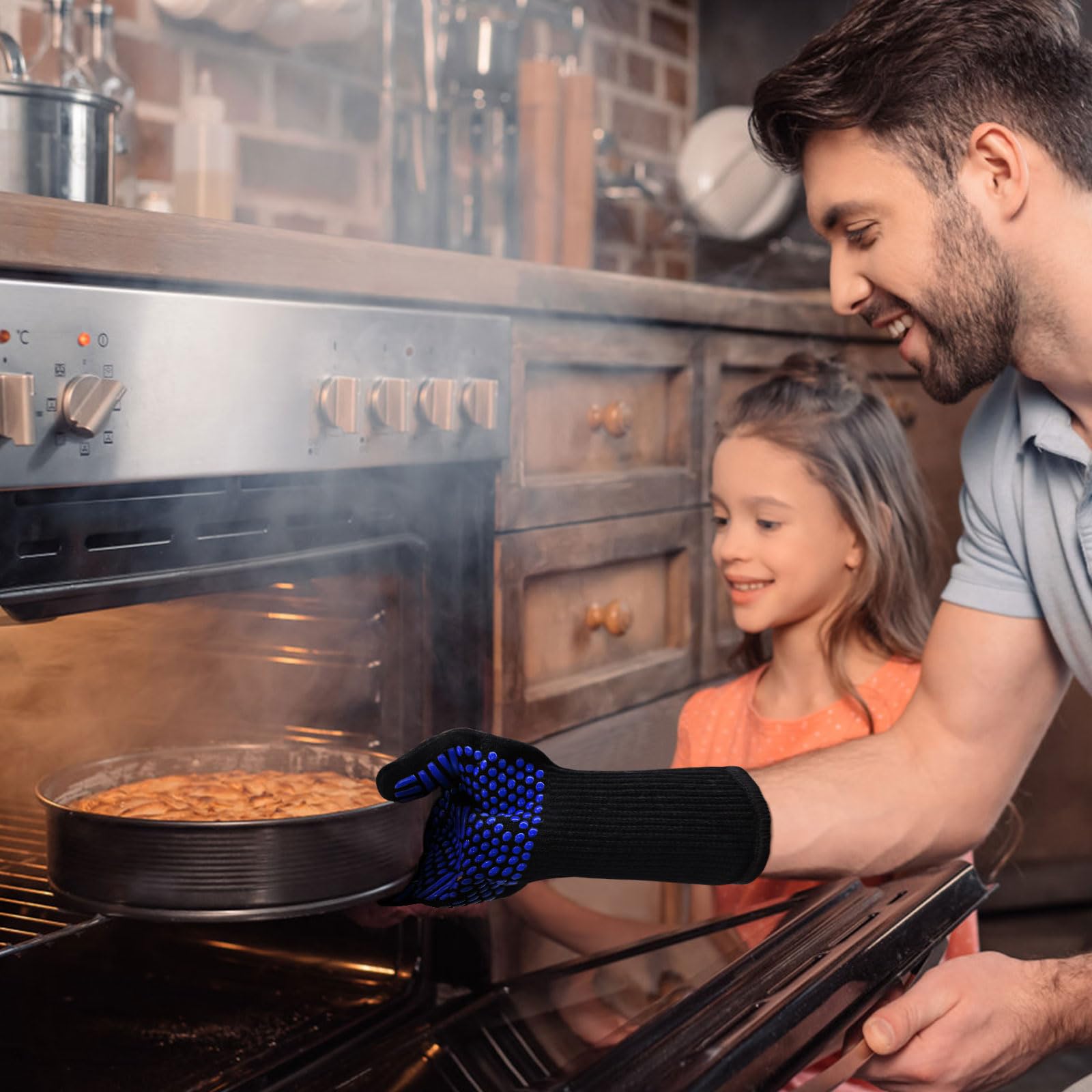 Heat Resistant BBQ Gloves for Men & Women (1472°F) - 13 Inch Silicone Oven Mitts with Non-Slip Grip - Heat Proof Grill Gloves for Cooking, Grilling, Barbecuing & Frying - Perfect for Backyard BBQs, Campfire Cooking & Kitchen Safety (Blue)