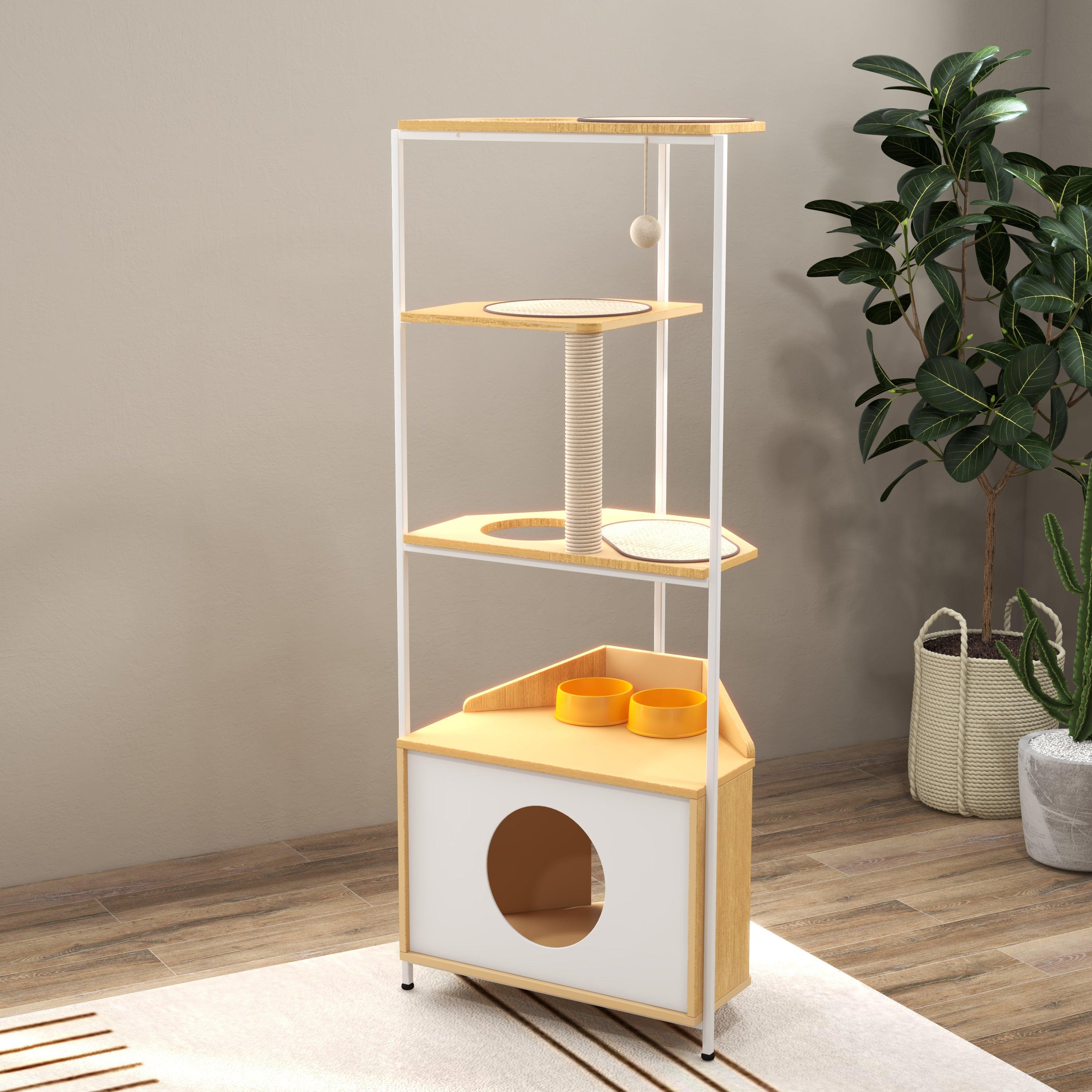 Premium Cat Tree with Scratching Post & Climbing Platforms - Multi-Level Cat Condo with Feeding Station - Sturdy Corner Cat Tower for Indoor Cats - Perfect for Play, Rest & Feeding in Small Spaces