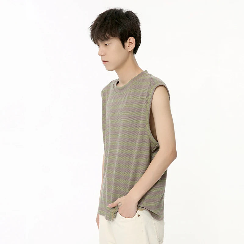 American Style Men's Tank Tops - Loose Fit Striped Sleeveless Shirts for Men | Breathable O-Neck Casual Top with Contrast Color (9C6377) | Perfect for Summer, Gym, Beach & Outdoor Activities