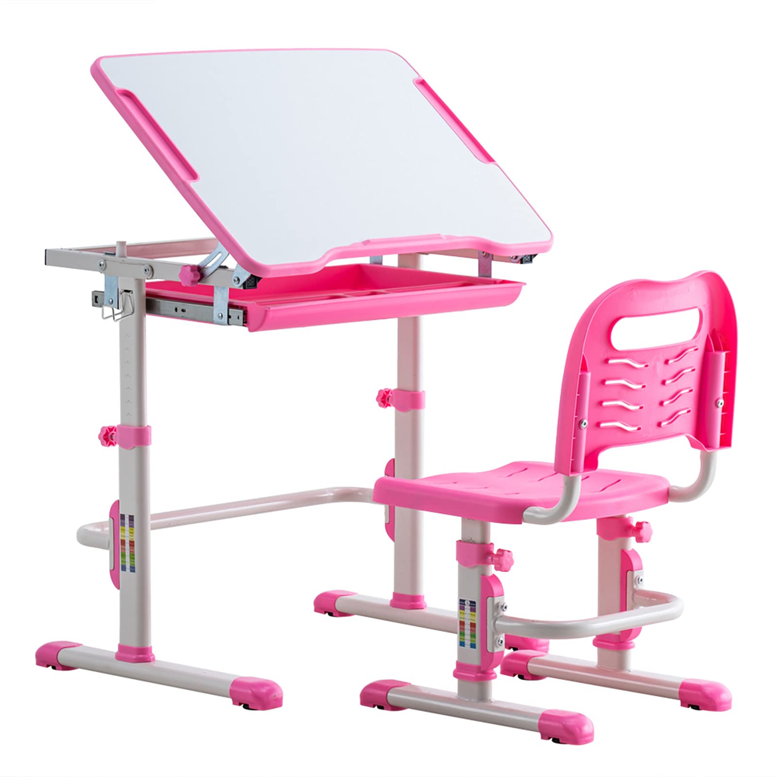 JASOYA GT7-KJ Adjustable Height Student Desk and Chair Set - White Lacquered with Pink Surface (70x38x52-74cm) - Perfect for Kids Study Room, Homeschooling & Small Spaces