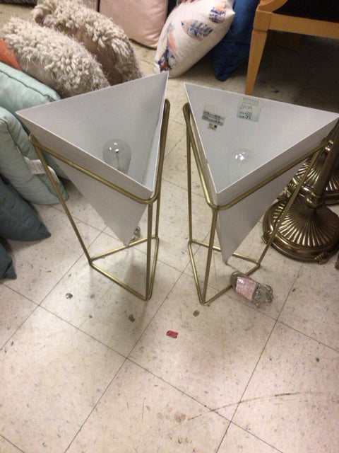 Elegant Pair of Brass Metal & White Table Lamps - Vintage Style Bedside Lighting for Bedroom, Living Room, or Office Decor