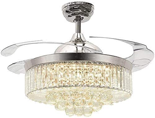 42 Inch Reversible Ceiling Fan with LED Light and Remote Control - 4 Retractable Blades, Crystal Chandelier Style for Living Room, Bedroom & Indoor Use - Energy Efficient Silent DC Motor (Silver) - Perfect for Home Cooling and Decorative Lighting