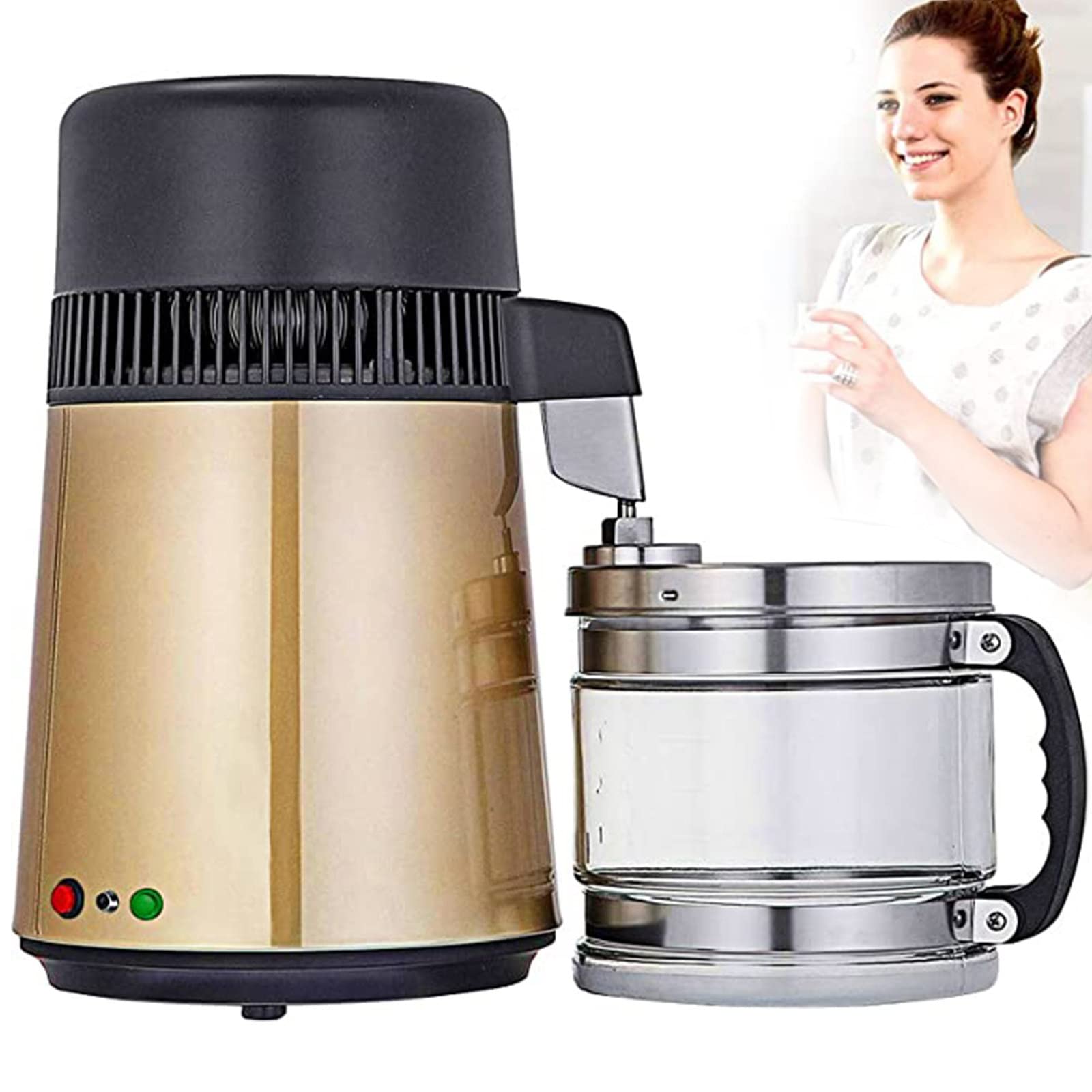 XYEJL 4L Stainless Steel Water Distiller for Home - 304 Countertop Distilled Water Maker Machine | Pure Water Purifier for Drinking, Cooking, Baby Formula & Essential Oil Making (Gold)