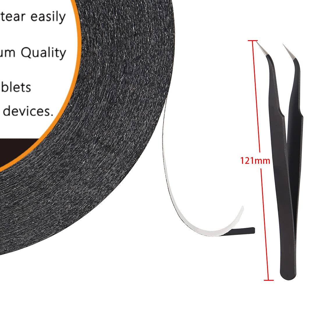 2-Pack Double Sided Heavy Duty Adhesive Tape - 3mm x 50m Strong Bonding Tape for Phone, Tablet, Laptop & Camera Repair - Includes 1 Precision Tweezers (Black) | DIY Fixes, Home Repairs & Electronics Maintenance