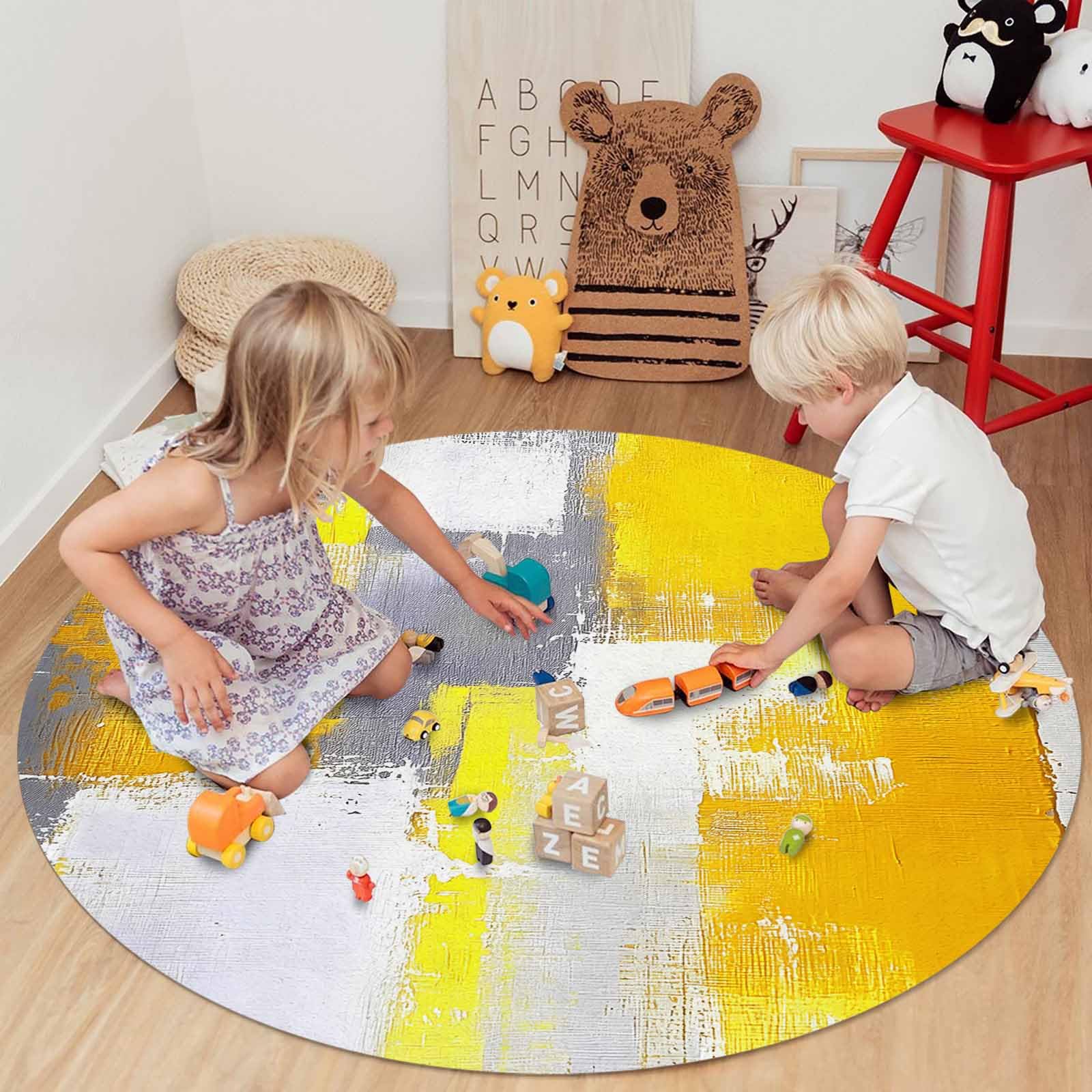 6 ft Yellow Round Abstract Modern Contemporary Area Rug - Non-Slip Floor Mat for Living Room, Playroom, Yoga & Home Decor - Soft Carpet for Boys & Girls