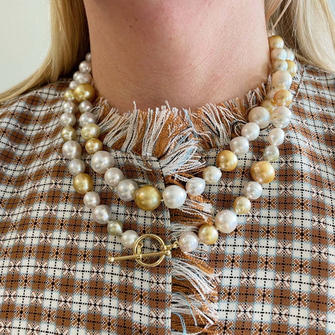 14K Gold Toggle Clasp Necklace with Golden & White South Sea Pearls - Elegant Jewelry for Weddings, Parties & Special Occasions