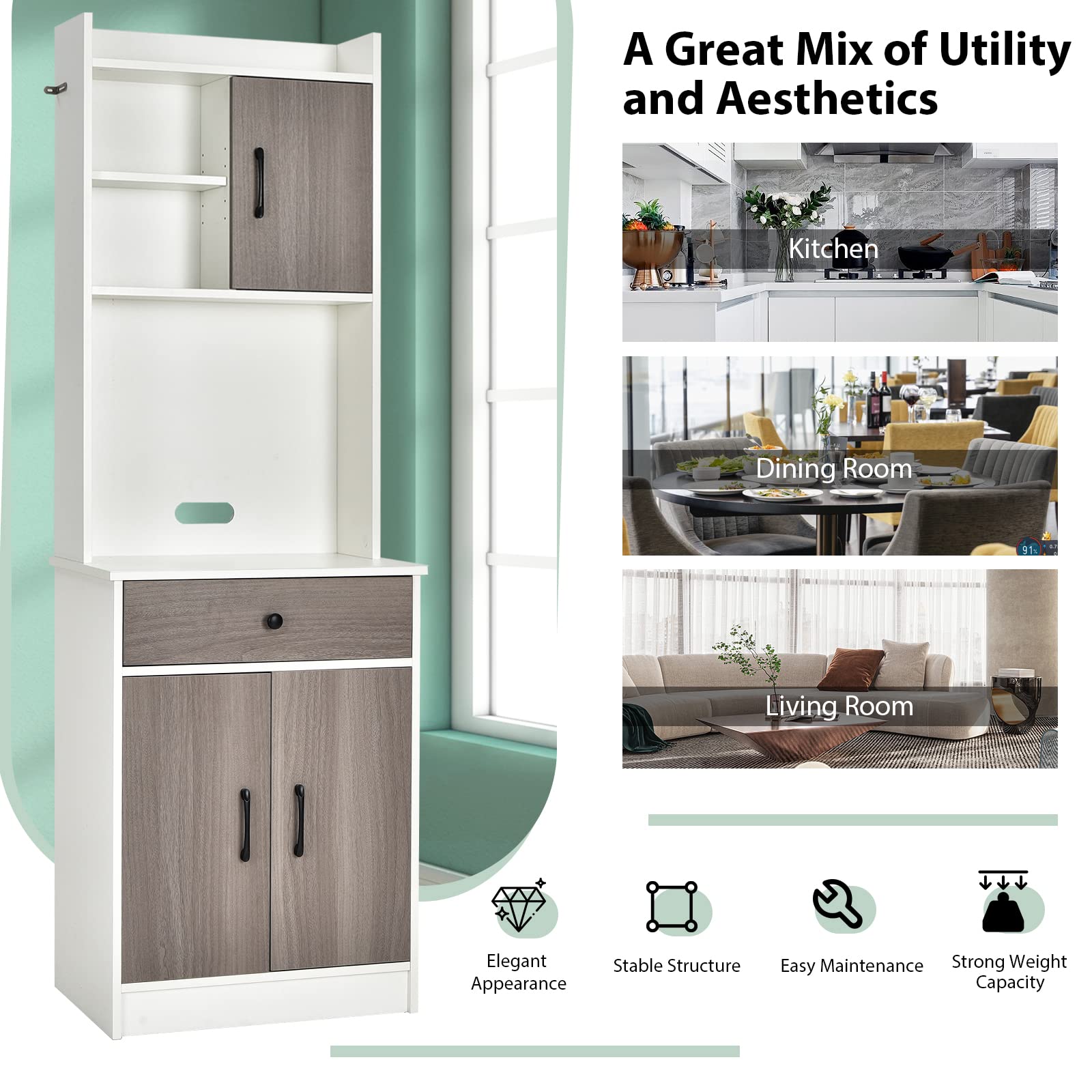 Giantex Pantry Organizers and Storage Cabinet - Tall Buffet Hutch with Drawers & Shelves, White & Natural Wood Countertop - Perfect for Kitchen Organization, Dining Room Storage & Microwave Stand