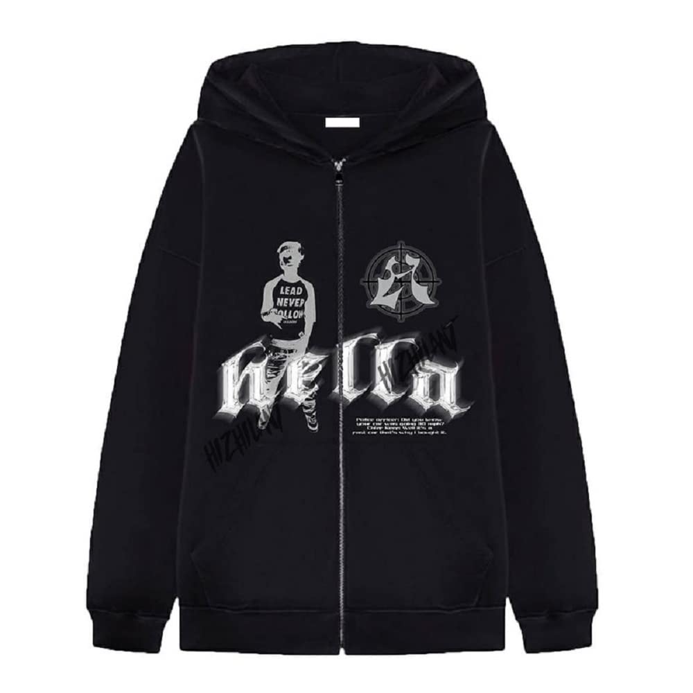 NECHARI Women's Oversized Zip Up Hoodie - Y2K Hip Hop Alphabet Graphic Black Jacket - Lightweight Pullover Sweatshirt for Casual Wear, Street Style & Loungewear
