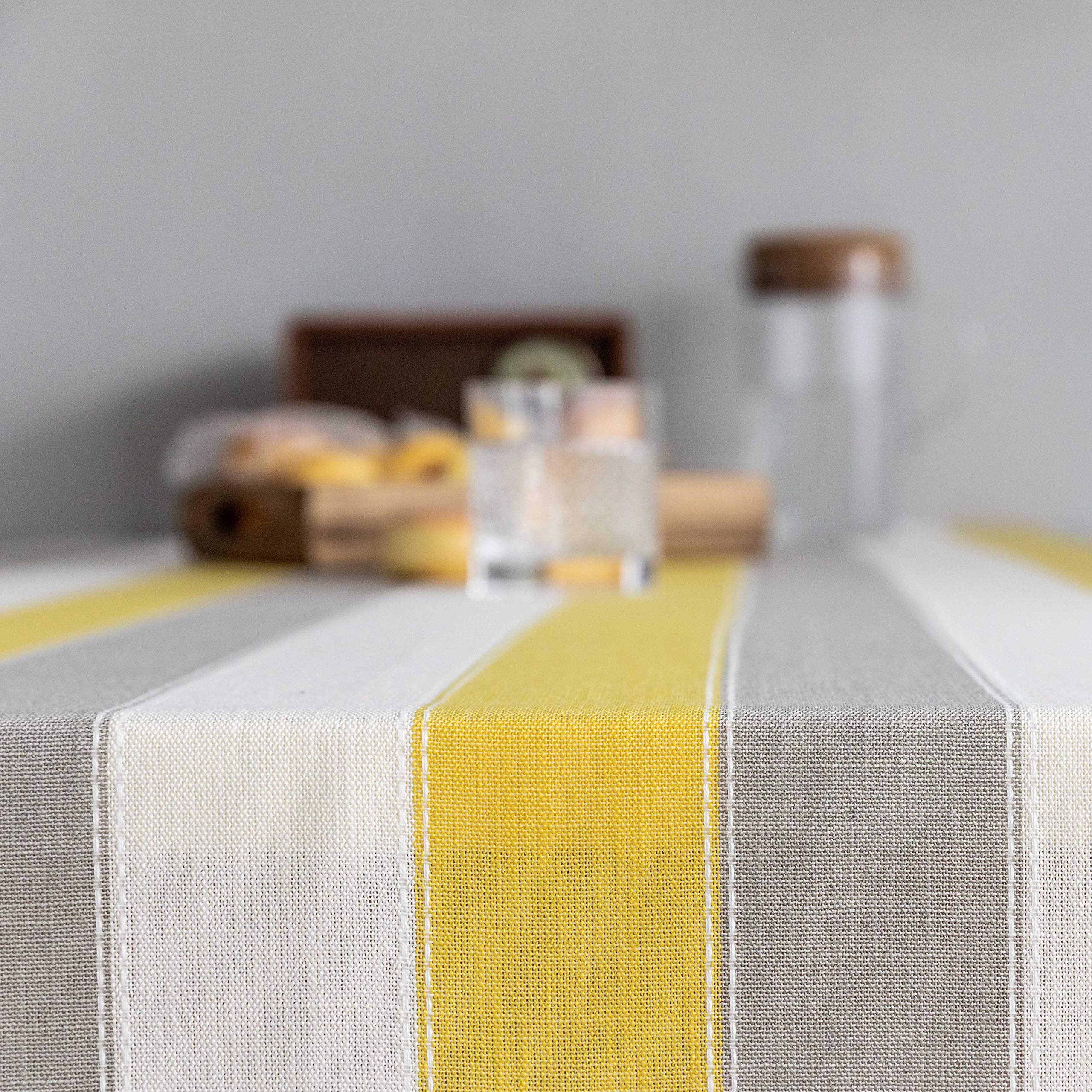 Premium Yellow Rectangle Tablecloth for Farmhouse & Kitchen Dining Table Decor - 52 x 102 Inches, Yellow Grey Cream Stripes - Perfect for Dinner Parties, Holiday Gatherings & Everyday Home Decor