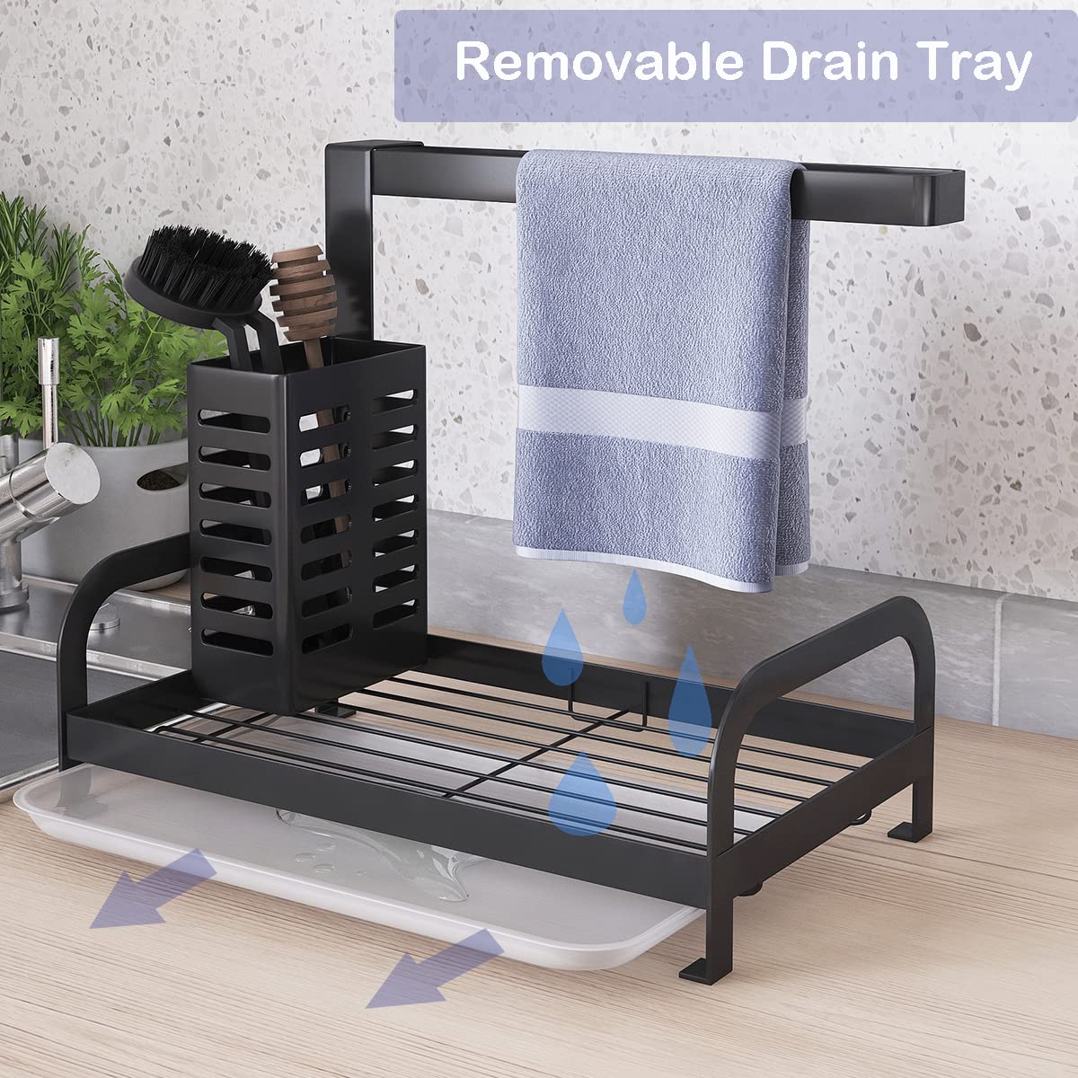 UMDONX Kitchen Sink Organizer - Dish Sponge Holder & Washing Up Caddy for Sink Organization - Black | Perfect for Kitchen Countertop, Dish Drying Rack & Sink Storage