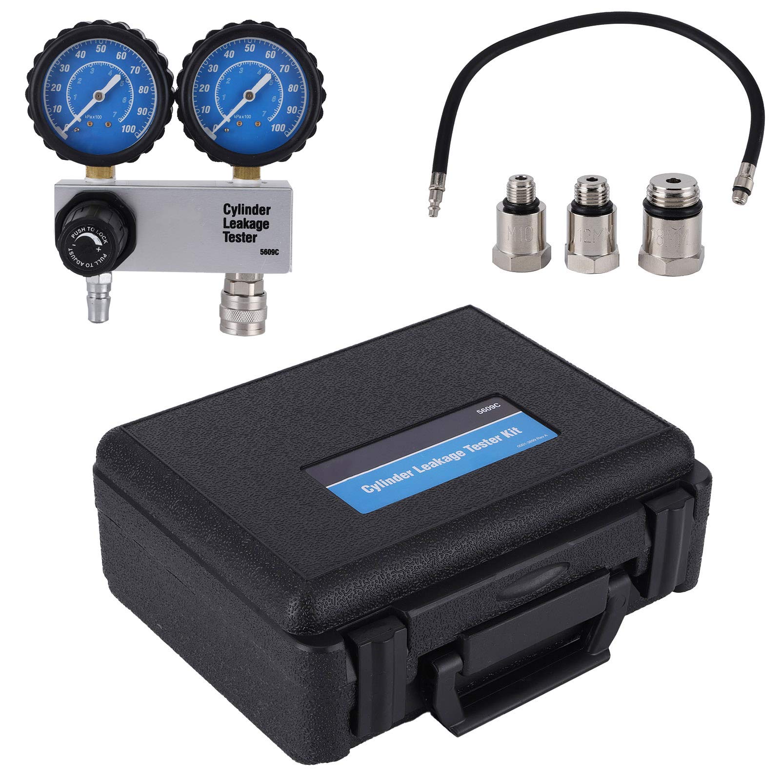 Qiilu Professional Dual Gauge Cylinder Leakage Tester Kit with 3 Adapters - Engine Diagnostic Tool for Automotive Repair, Mechanic Use, DIY Car Maintenance (Ideal for Detecting Engine Compression Loss & Valve Leaks)