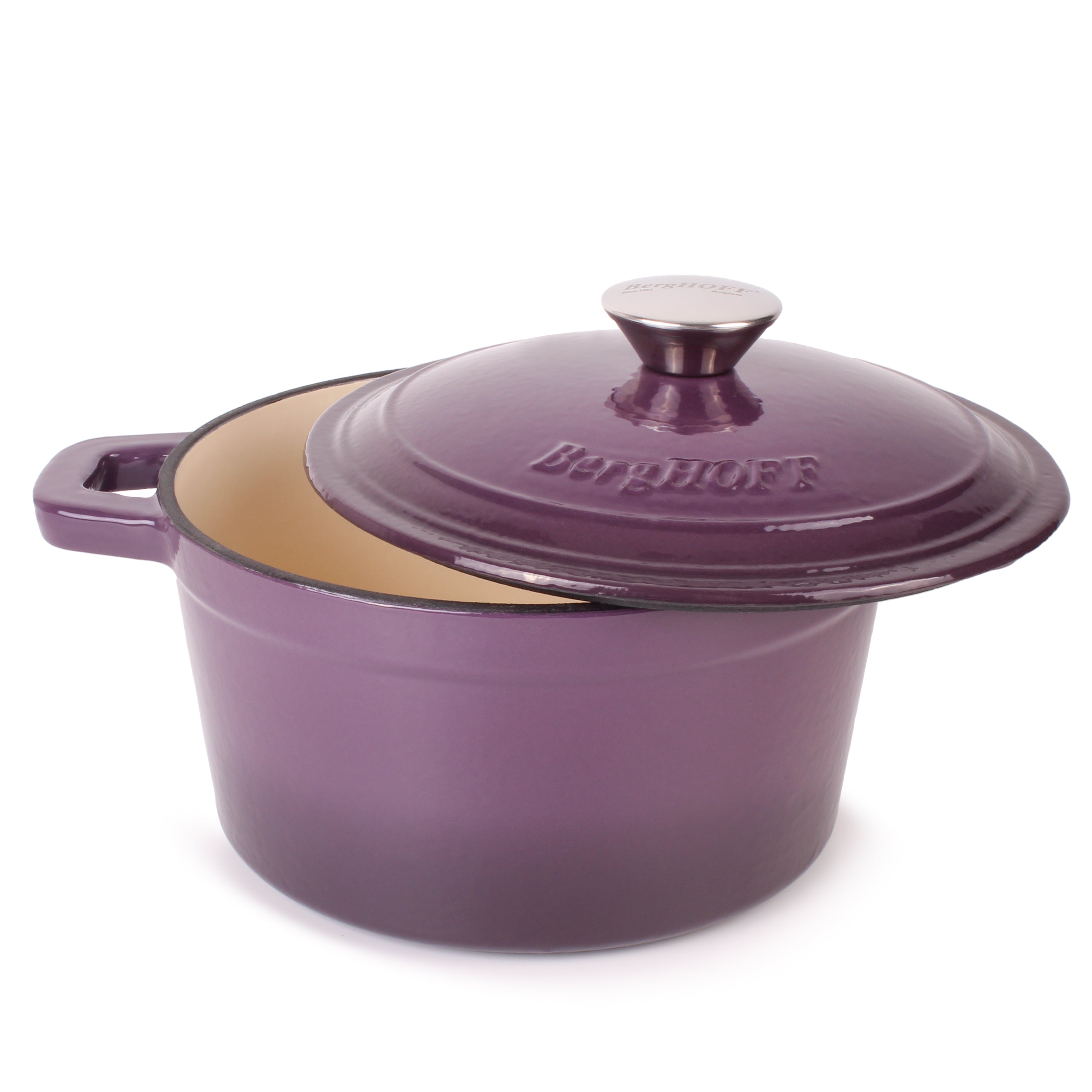 BergHOFF Neo Cast Iron 3-Quart Round Dutch Oven with Lid, Purple - Perfect for Braising, Stewing & Baking | Stovetop to Oven Safe Cookware