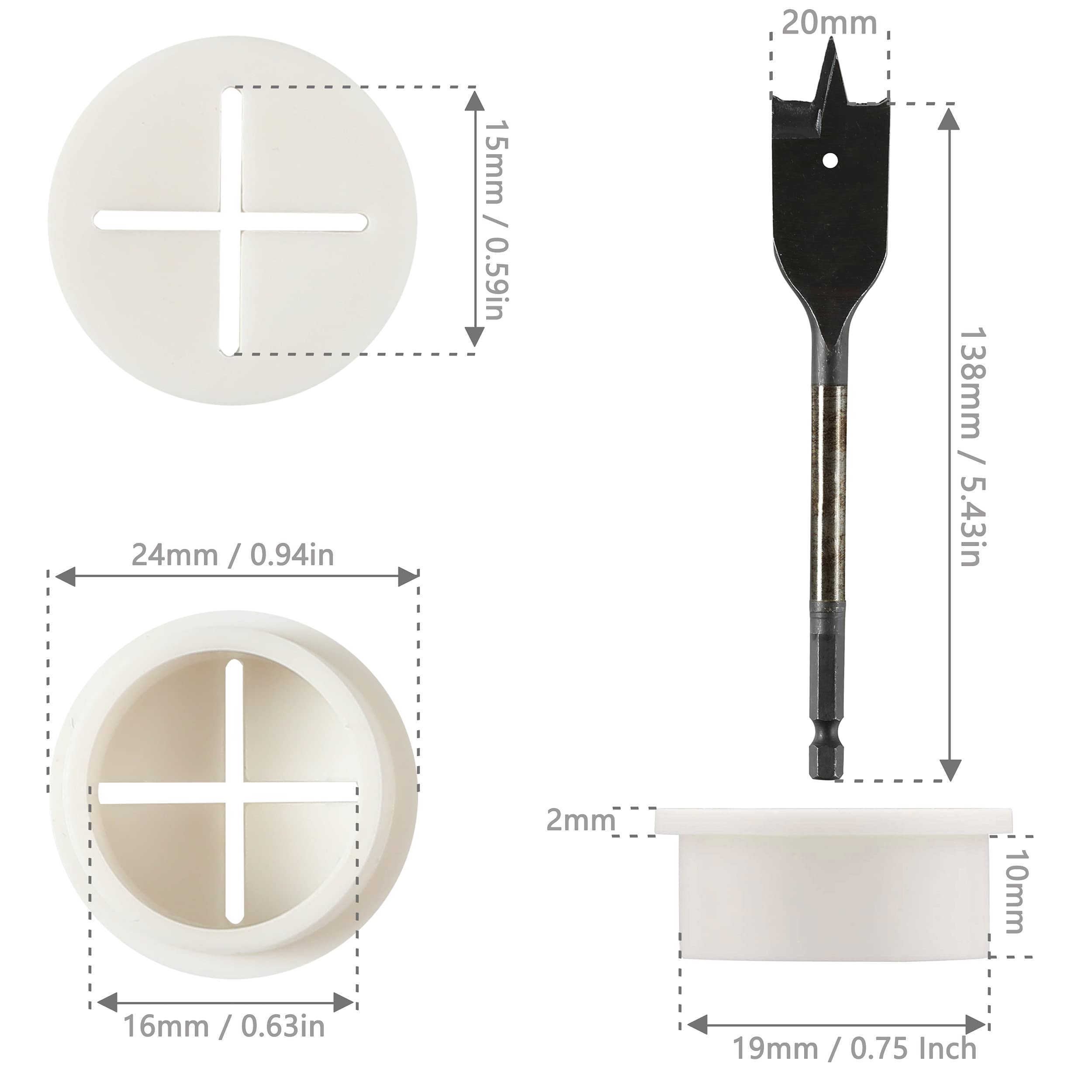 8 Pack 3/4 Inch White Silicone Desk Cord Grommet with Spade Drill Bit - Flexible Wire Cable Hole Cover for Office PC Desk Organization - Perfect for Home Office, Gaming Setup & Workspace Cable Management