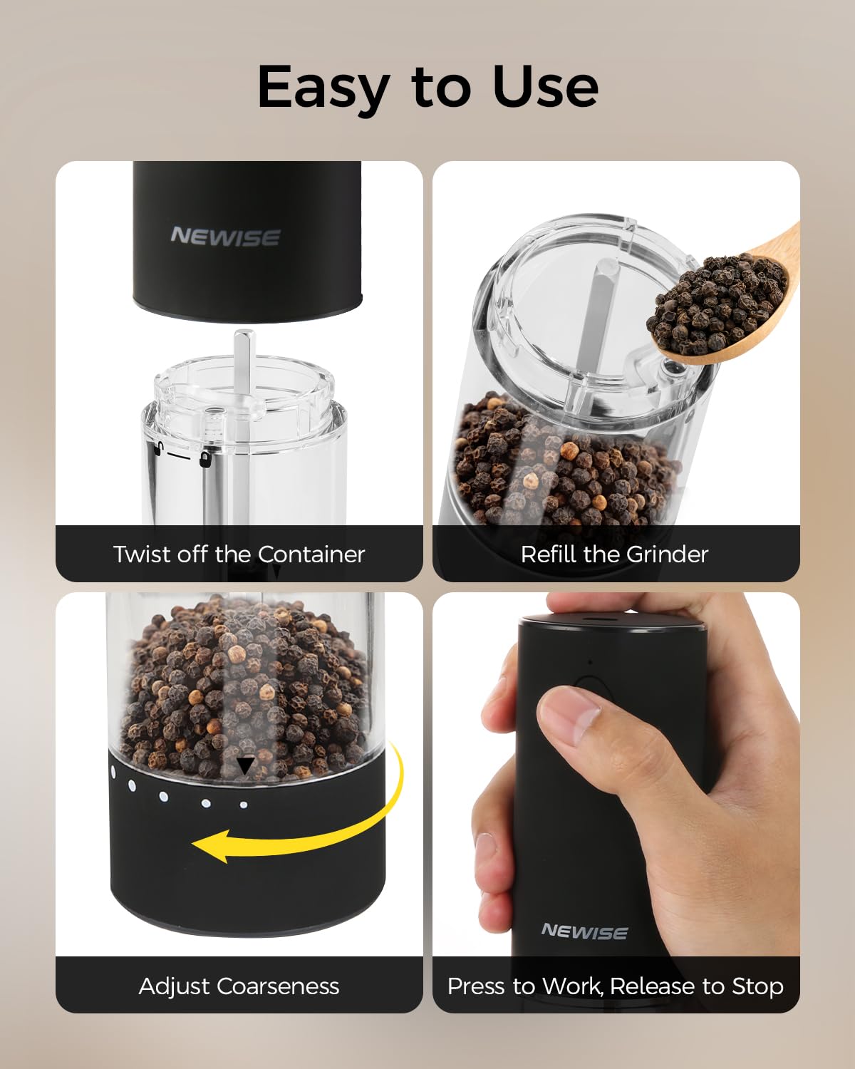 Rechargeable Electric Salt and Pepper Grinder Set - Automatic Kitchen Spice Mill with 6 Adjustable Coarseness & LED Light - Refillable Shakers for Home Cooking, Perfect Housewarming Gift (2 Pack, Black) - Ideal for Gourmet Cooking, Dinner Parties, and Everyday Kitchen Use