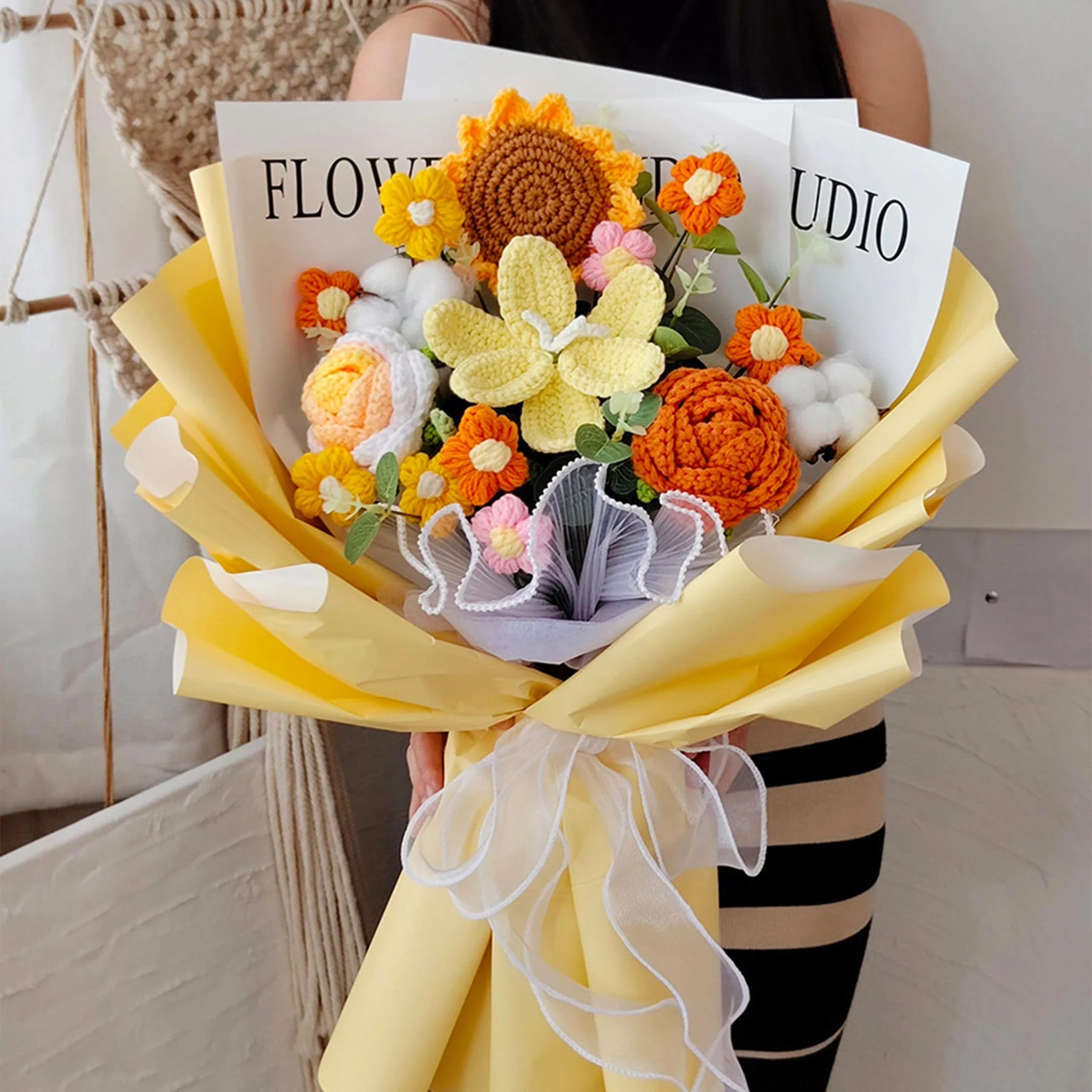 Handmade Crochet Flower Bouquet - 14-Piece Set with Sunflowers, Roses & Tulips - Perfect Gift for Birthday, Anniversary, Graduation & Wedding - Home Decor & Party Decoration (Yellow)