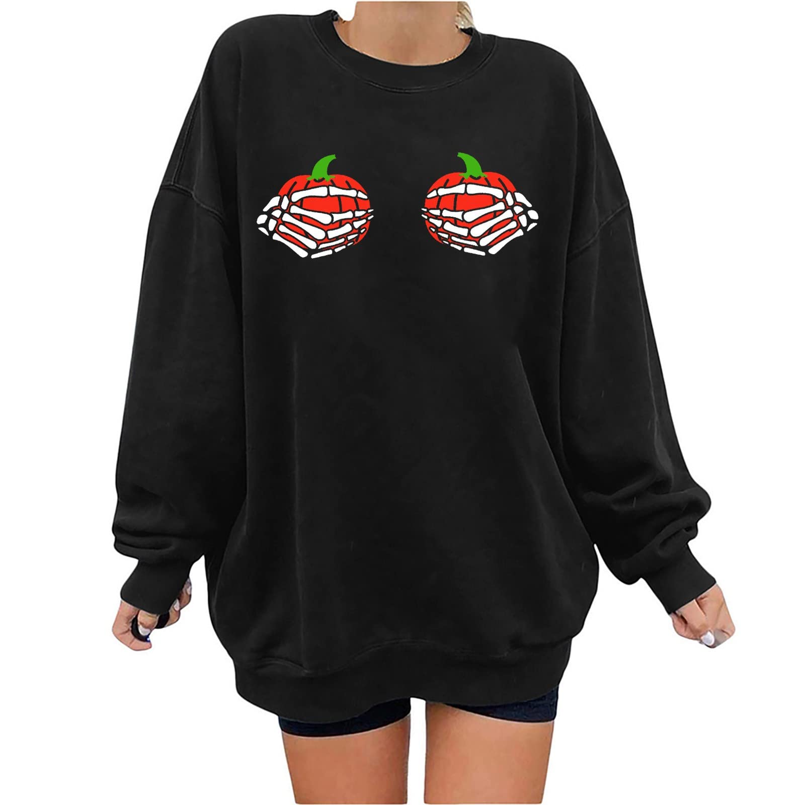 Women's Loose Fit Sweatshirt - Crew Neck Halloween Graphic Top with Long Bishop Sleeves - Cartoon Skull & Pumpkin Design Trendy Shirt for Casual Wear, Costume Parties & Fall Fashion