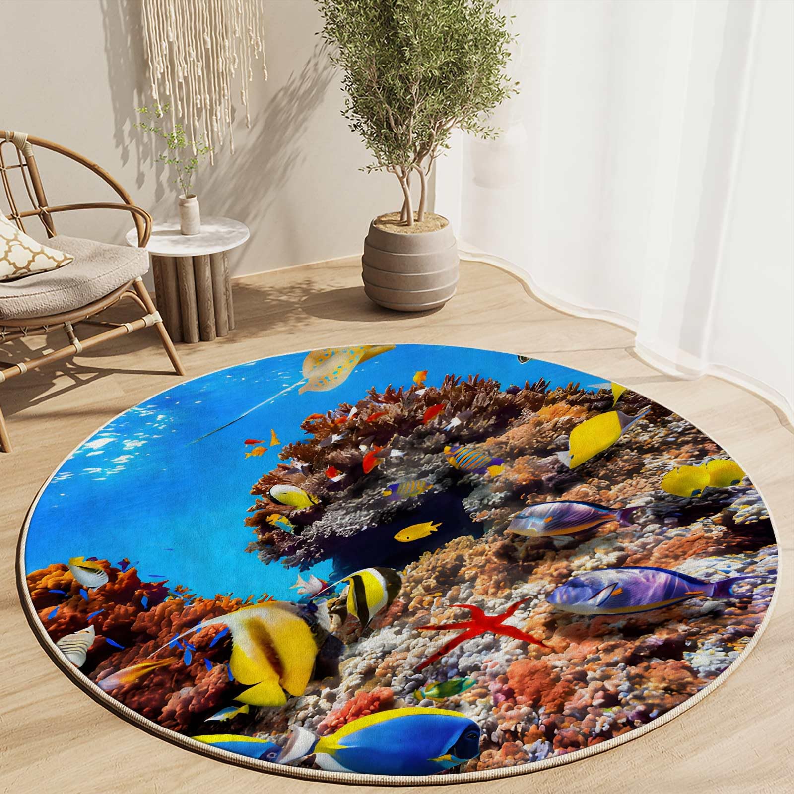 RevoLue 44-Inch Round Tropical Fish Office Chair Mat for Carpets - Non-Slip Underwater Design Gaming & Standing Desk Floor Protector - Perfect for Home Office, Gaming Setup & Workspace Decor
