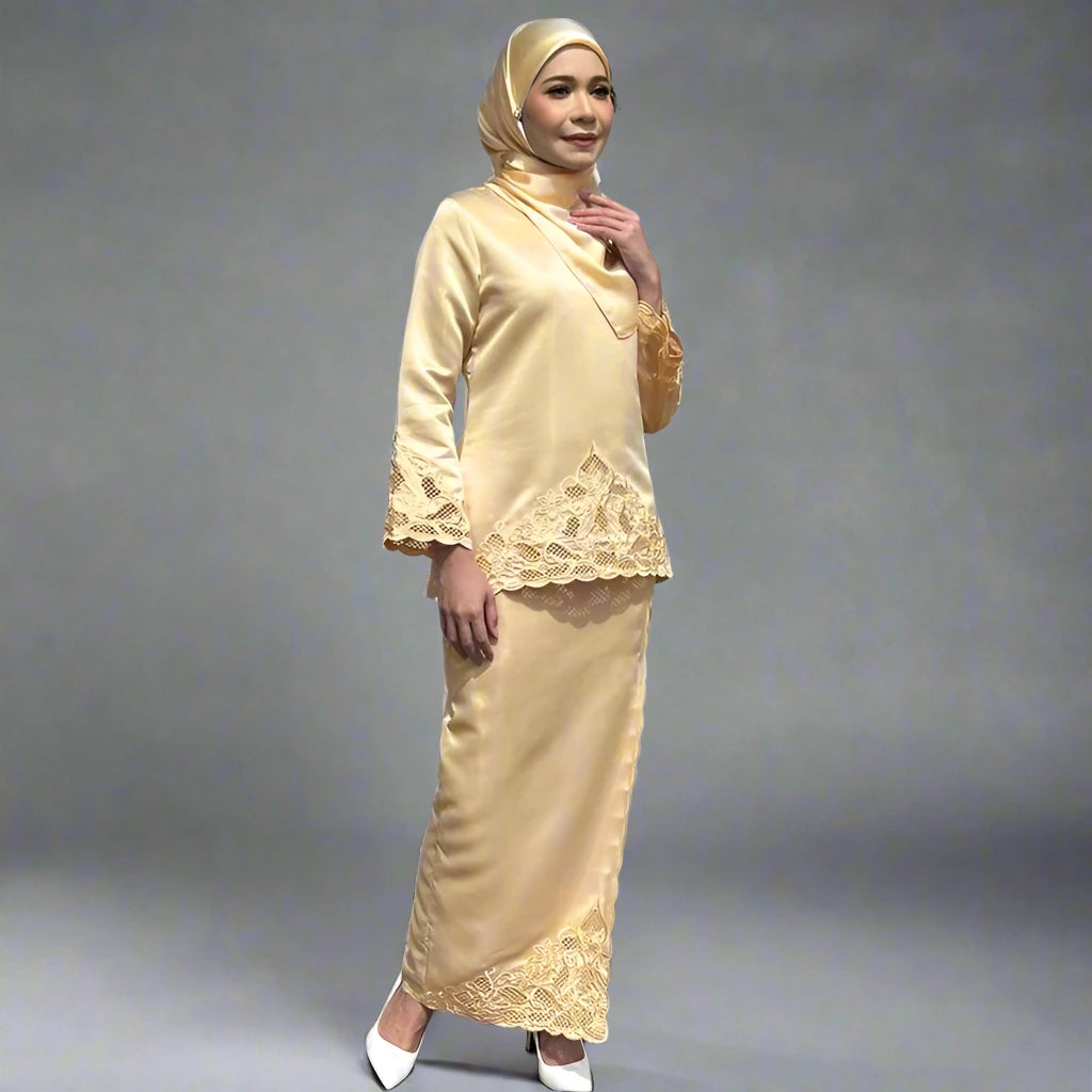 2-Piece Satin Malaysian Embroidery Top and Skirt Set - Elegant Traditional Outfit for Women, Perfect for Weddings, Parties & Special Occasions