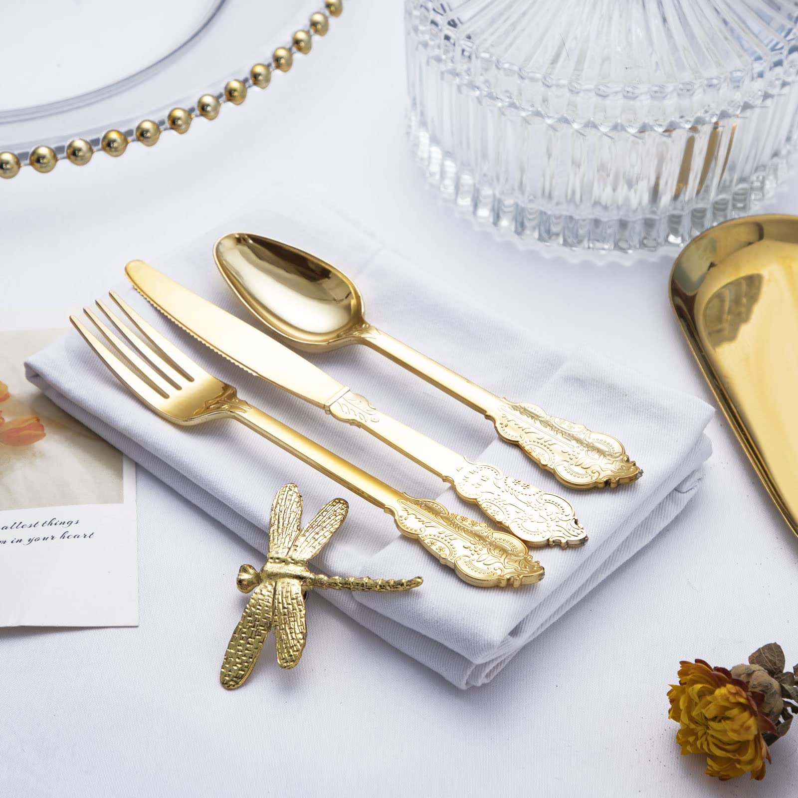BUCLA 600-Piece Gold Plastic Silverware Set - Heavyweight Disposable Cutlery (200 Gold Forks, 200 Spoons, 200 Knives) - Elegant Party Supplies for Weddings, Events & Catering