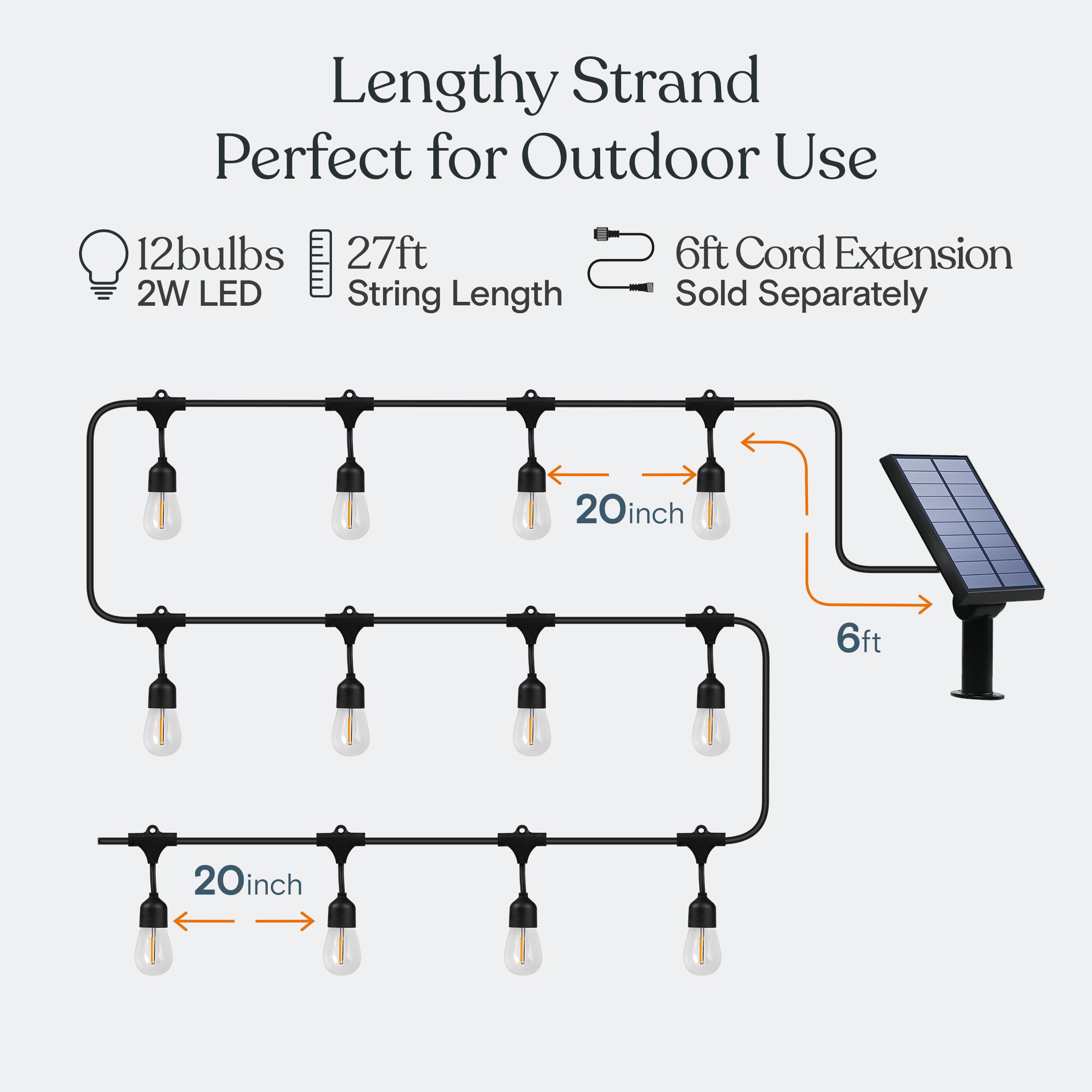 Brightech Ambience Pro Solar Powered Outdoor String Lights - 27 Ft Commercial Grade Waterproof LED Patio Lights with 12 Shatterproof Edison Bulbs, Warm White 2W - Perfect for Backyard, Garden, Wedding & Party Decor