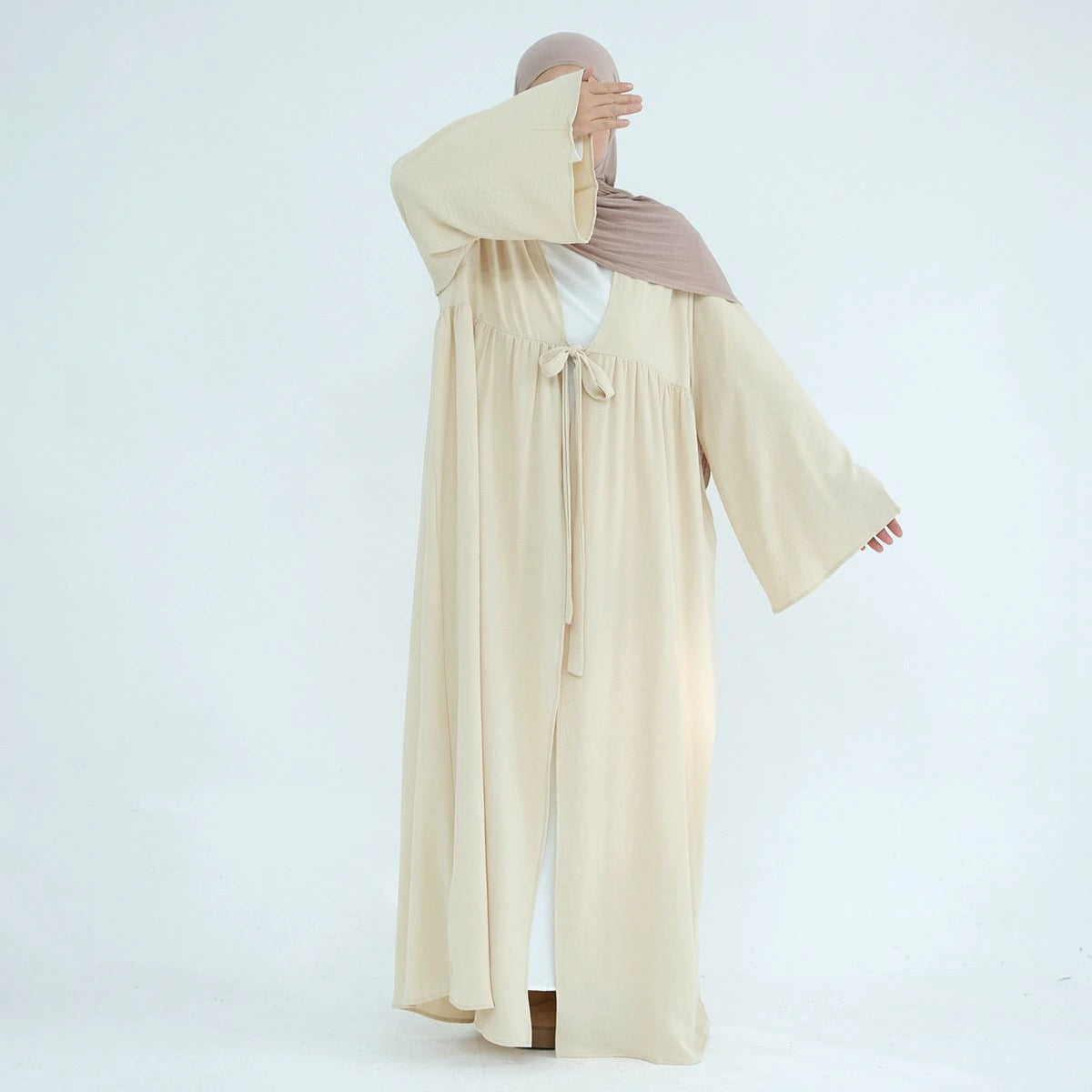Elegant Lace-Up Crepe Open Abaya Dress #24896 - Modest Muslim Fashion for Women, Perfect for Prayer, Weddings & Special Occasions