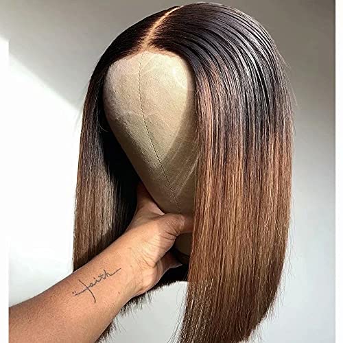 13x6 Short Bob HD Invisible Transparent Human Hair Wigs - 12 Inch Ombre Brazilian Remy Wigs with Baby Hair & Bleached Knots (1B/30 Color, 130 Density) | Natural Hairline Pre-Plucked Wig for Women | Perfect for Daily Wear, Cosplay & Special Occasions